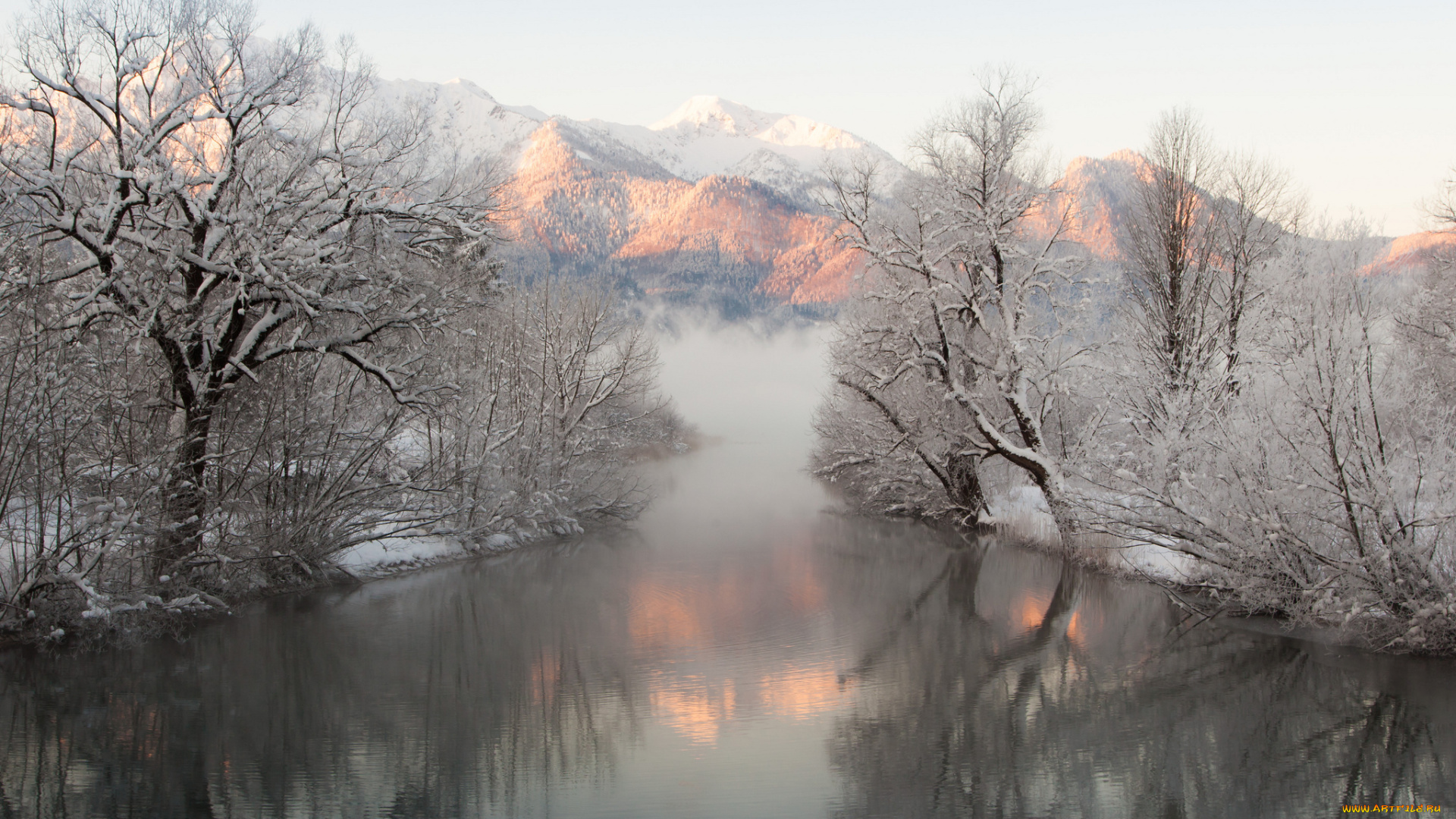 природа, реки, озера, деревья, снег, зима, отражение, туман, река, горы