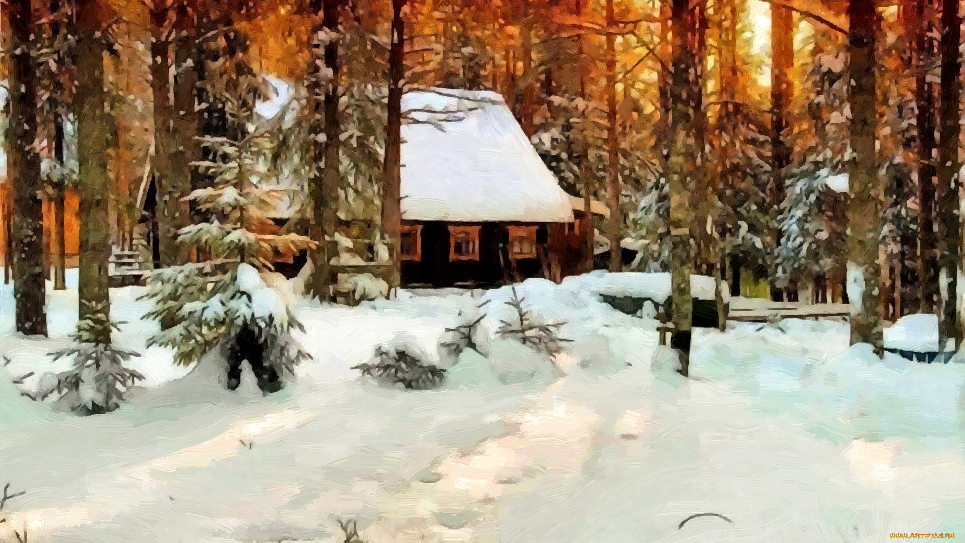 рисованные, живопись, зима, дом, деревья, лес, снег