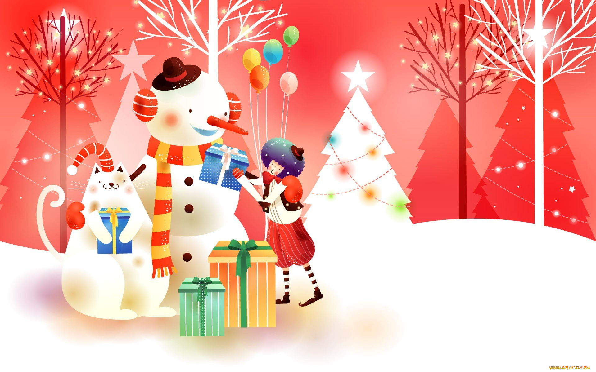 праздничные, векторная, графика, , новый, год, деревья, подарки, девушка, снеговик