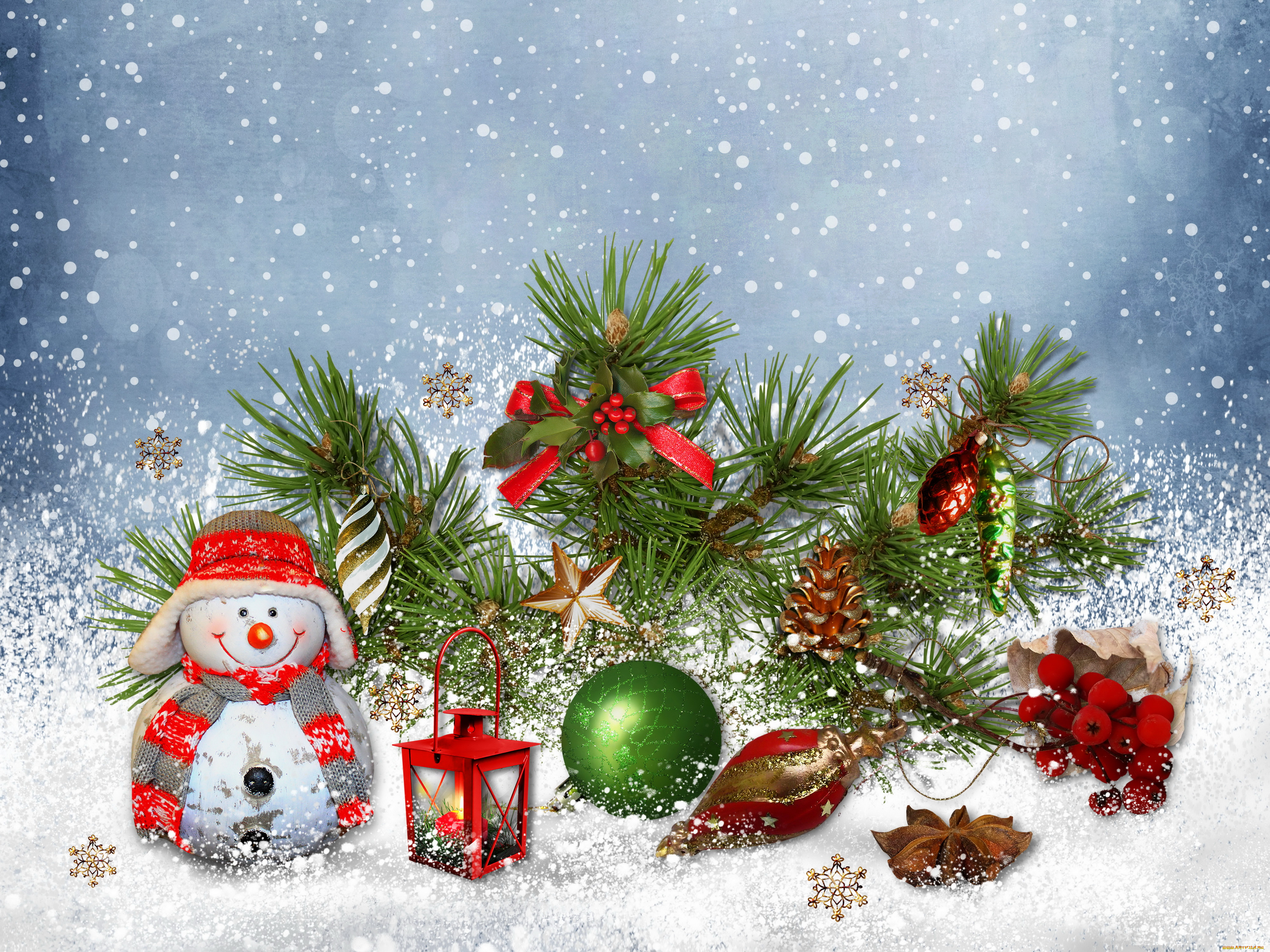 праздничные, украшения, ель, снеговик, фонарь, мишура, ветка, шарики