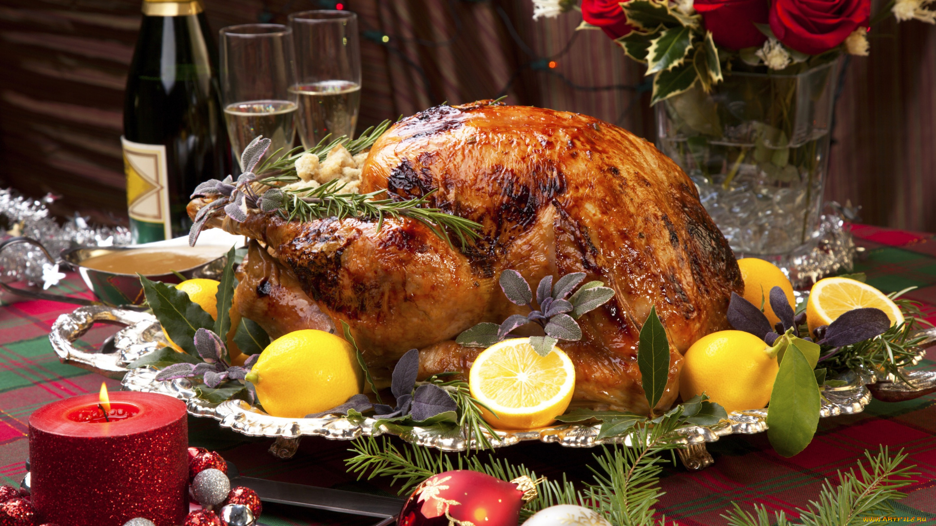 еда, мясные, блюда, candle, christmas, елка, new, year, свеча, chicken, шампанское, игрушки, лимон, новый, год, roast, курица, champagne