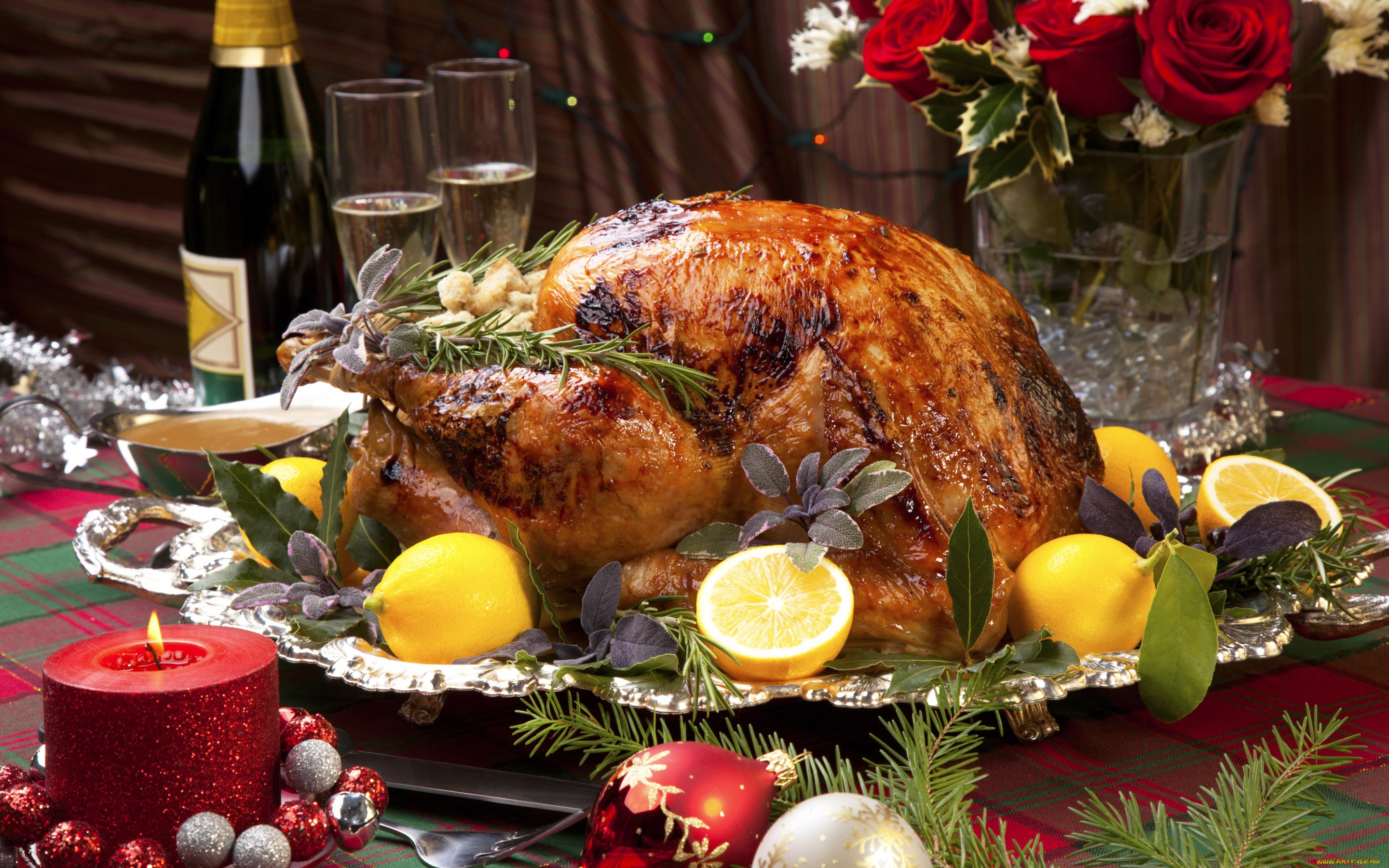 еда, мясные, блюда, candle, christmas, елка, new, year, свеча, chicken, шампанское, игрушки, лимон, новый, год, roast, курица, champagne
