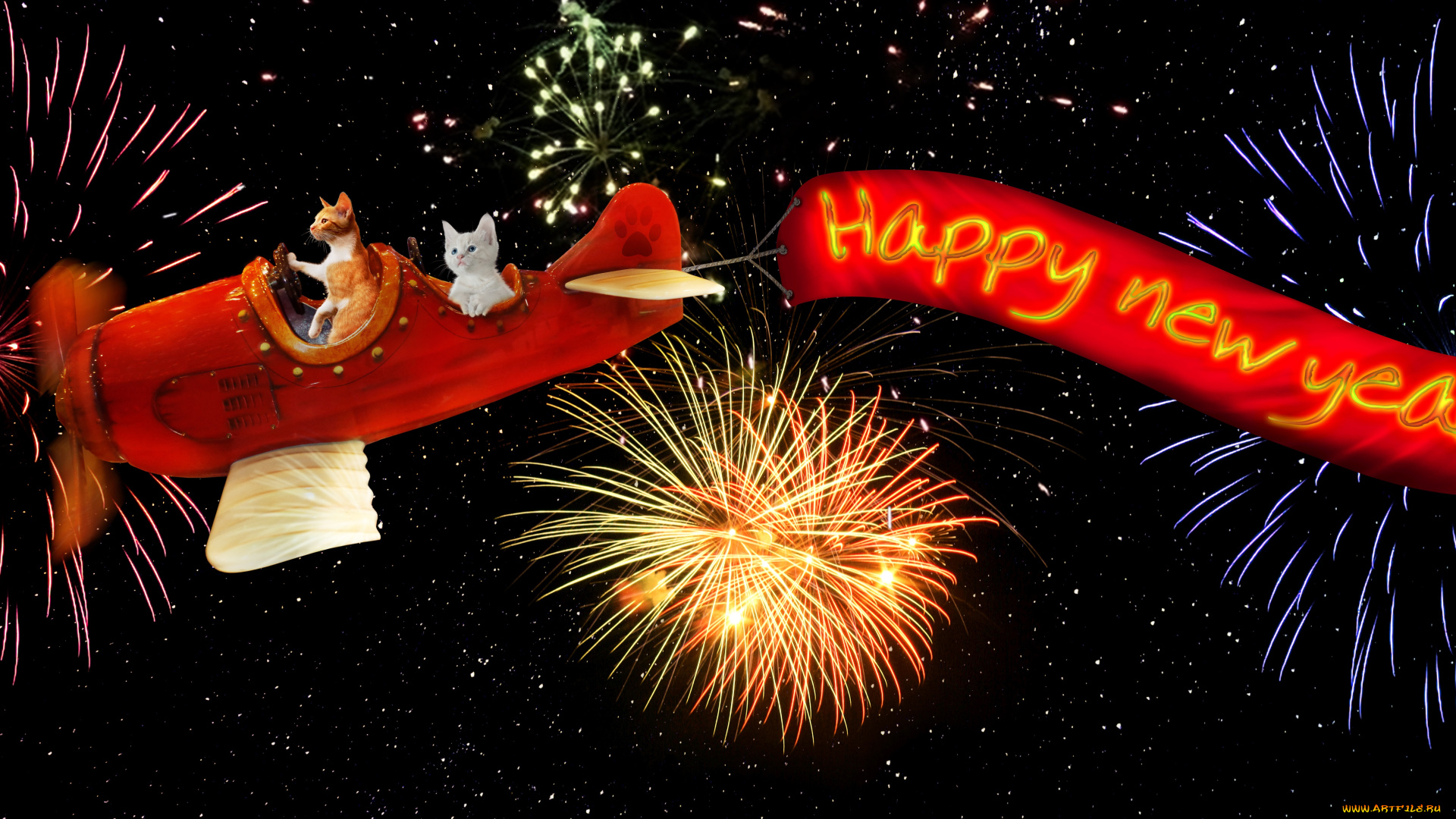 праздничные, векторная, графика, , новый, год, коты, полет, самолет