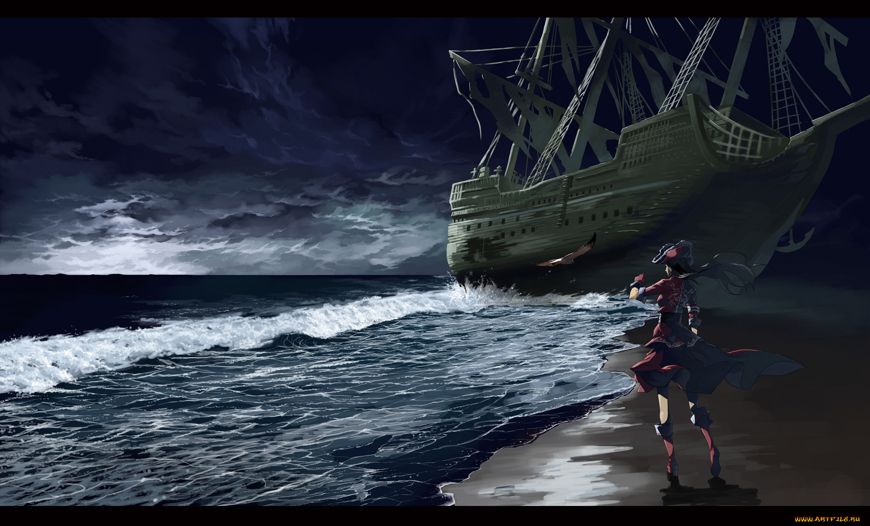 by, justminor, аниме, *unknown, другое, пиратка, девушка, корабль, море, птица, небо, волны, шляпа