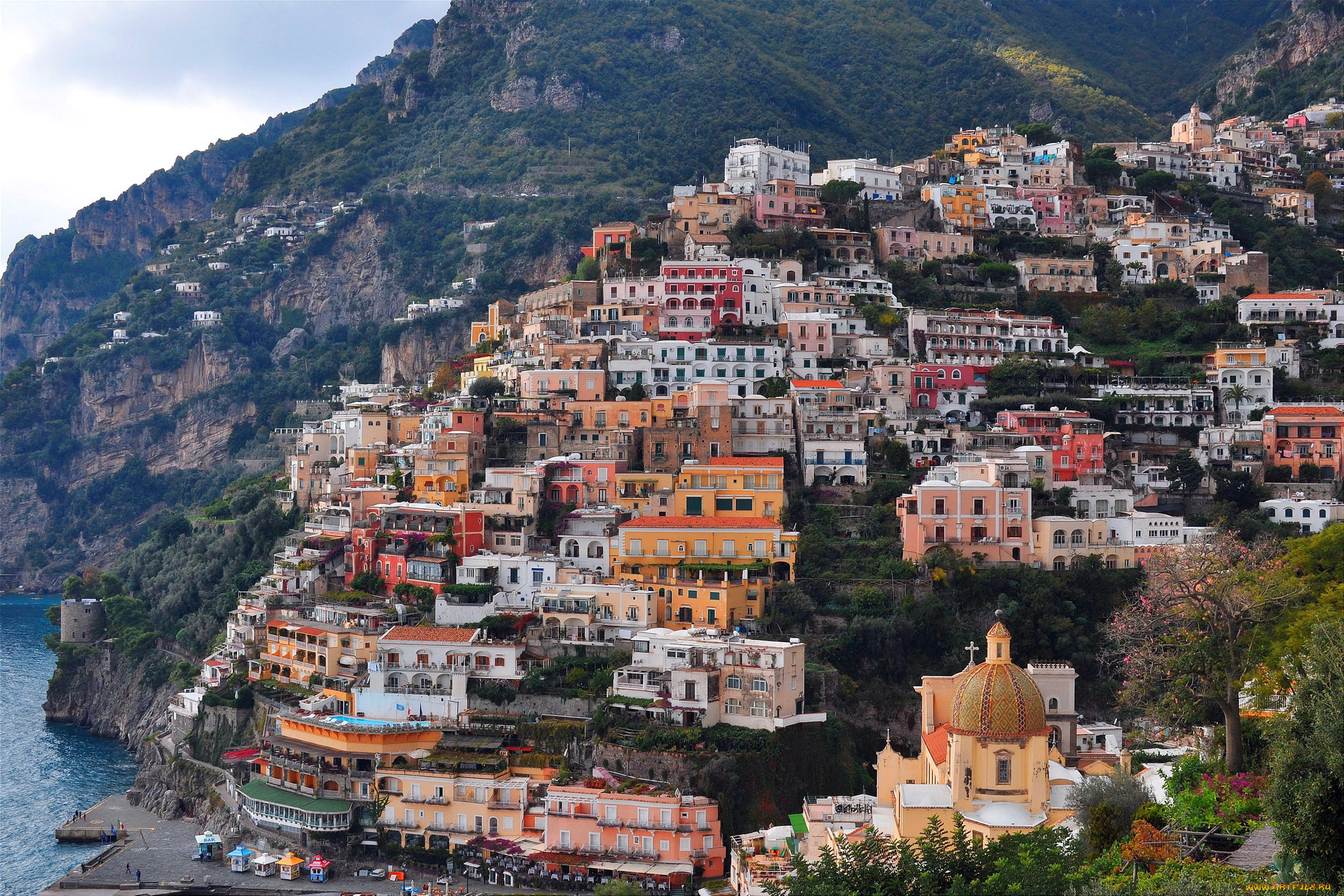 positano, италия, города, амальфийское, и, лигурийское, побережье, , италия, побережье, дома