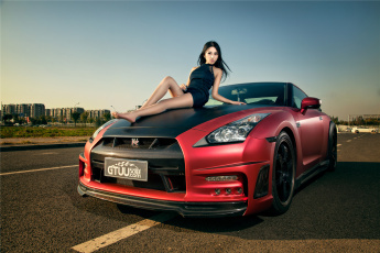 Картинка автомобили авто+с+девушками красный nissan gt-r девушка азиатка автомобиль