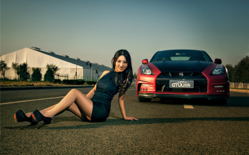Картинка автомобили авто+с+девушками азиатка автомобиль девушка красный nissan gt-r