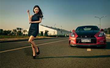Картинка автомобили авто+с+девушками девушка автомобиль красный nissan gt-r азиатка