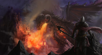 Картинка фэнтези драконы доспехи человек арт фантастика ночь взгляд огонь рога дракон меч шлем