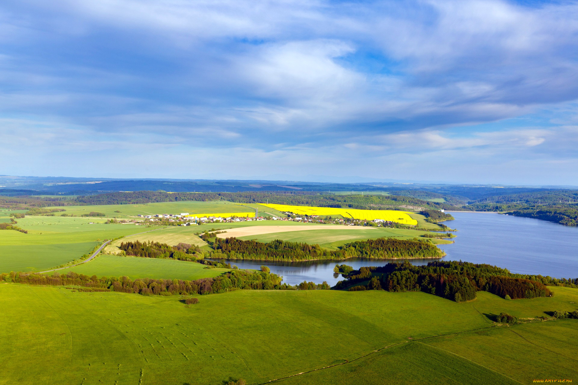 природа, пейзажи, река, поля, деревья, панорама