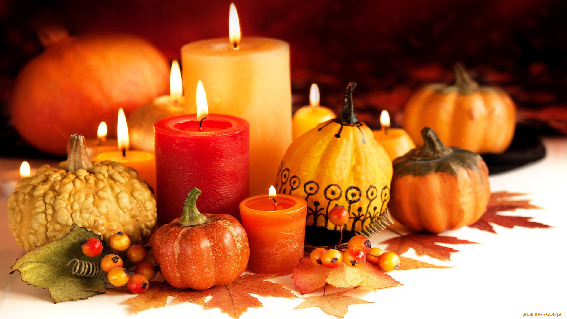 праздничные, хэллоуин, листья, свечи, тыква
