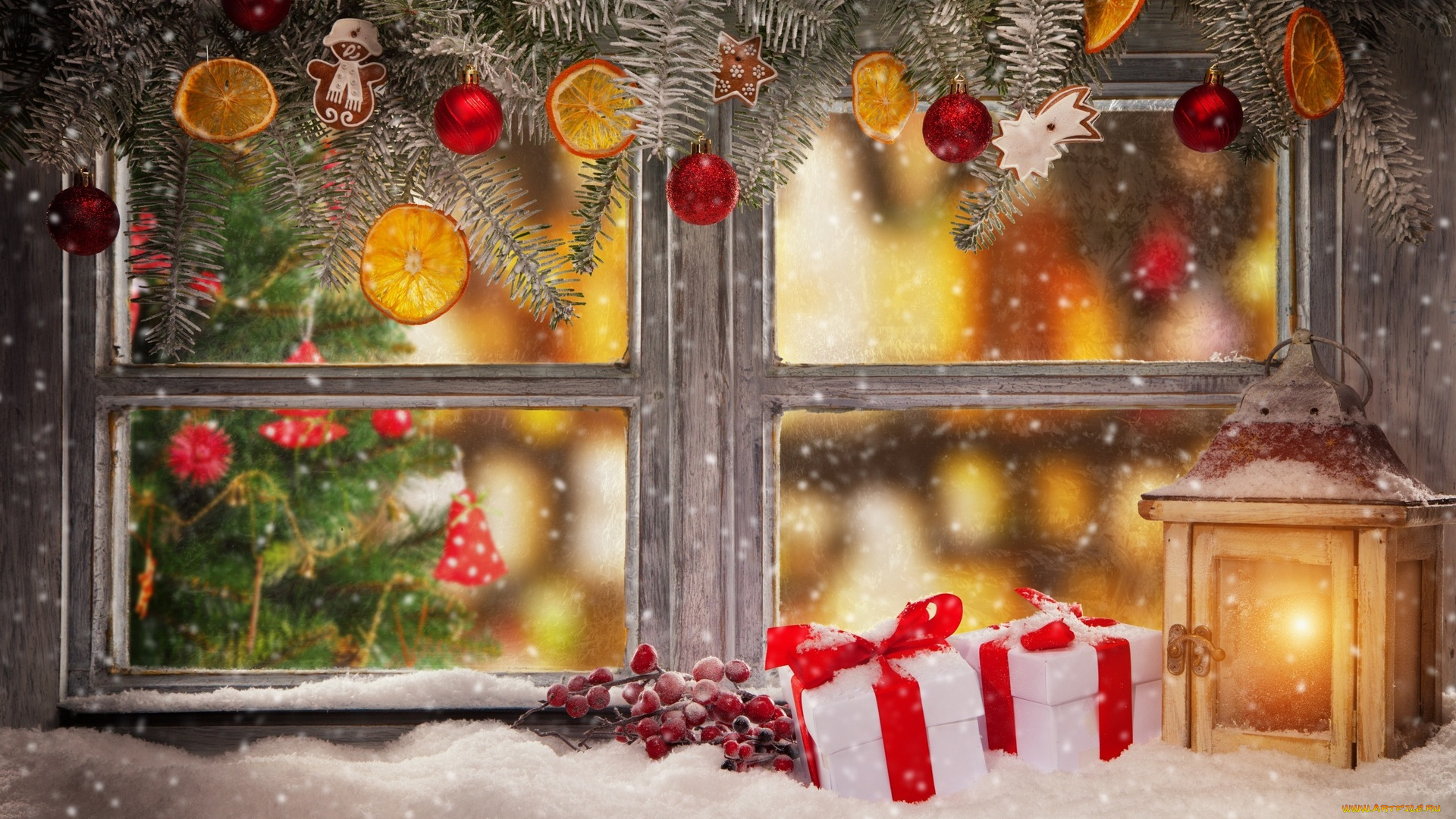праздничные, подарки, и, коробочки, фонарь, подарки, ягоды, снег, украшения, ёлка, окно