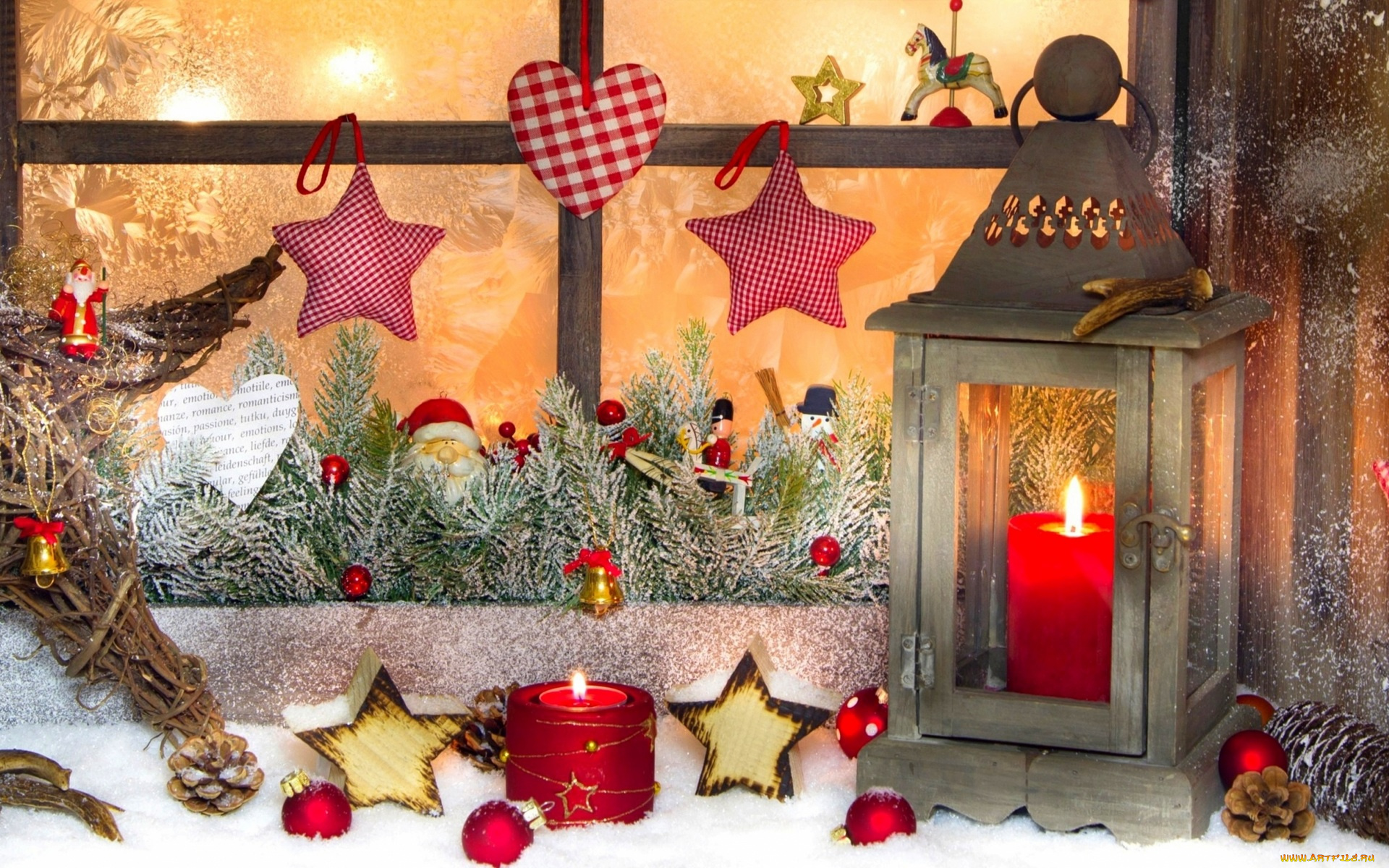 праздничные, новогодние, свечи, окно, игрушки, звезды, шишки, фонарь, свечи, ёлка, фигурки