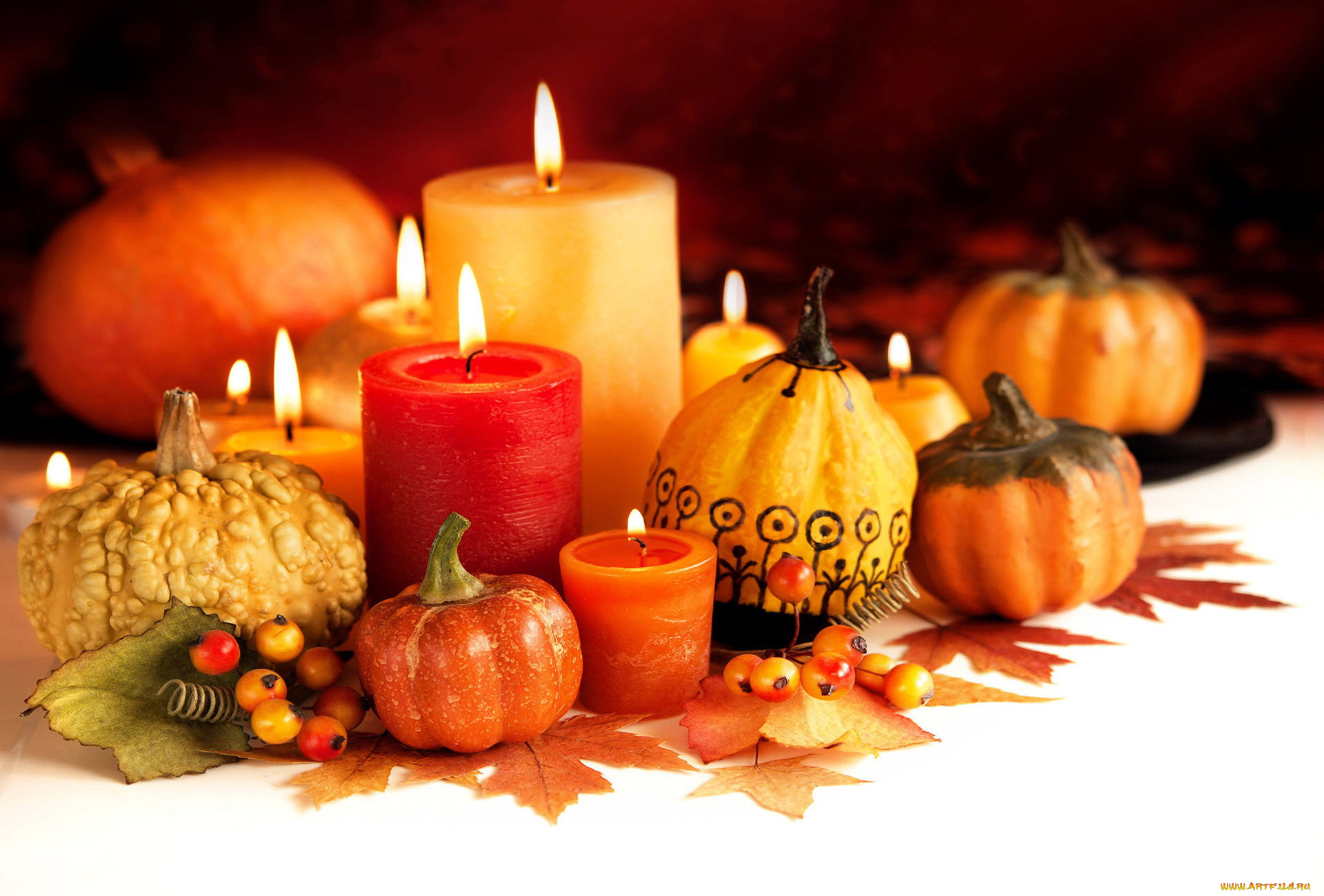 праздничные, хэллоуин, листья, свечи, тыква