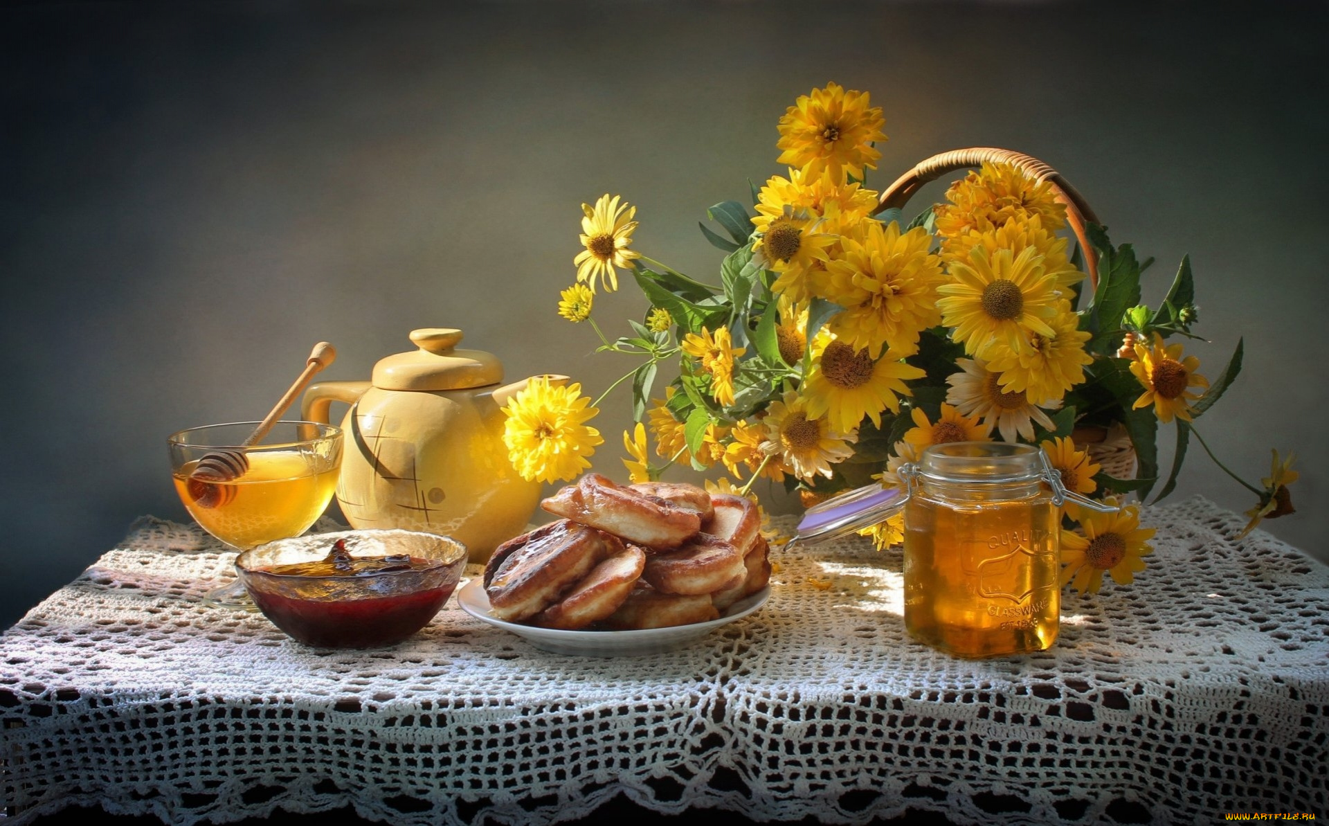 еда, натюрморт, цветы, мед, варенье, оладьи