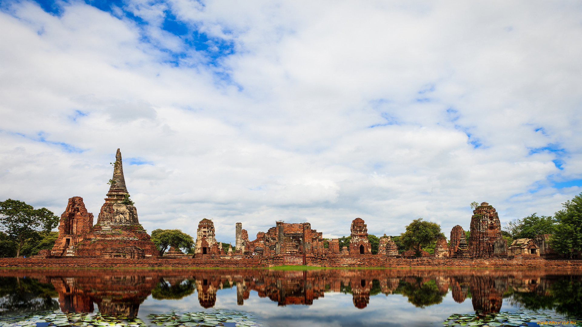 ayutthaya, historical, park, , thailand, города, -, исторические, , архитектурные, памятники, архитектура, тайланд, храм, thailand, древность, круглые, листья, пруд