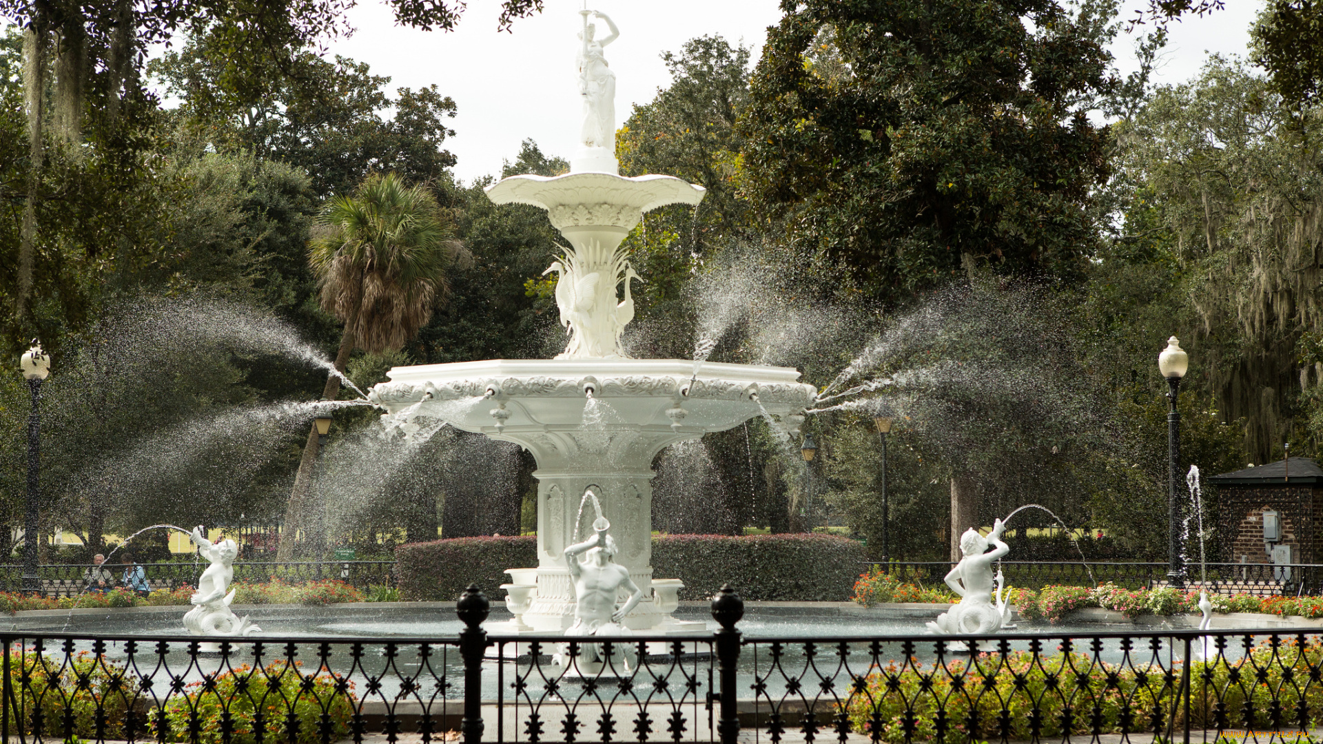 forsyth, park, fountain, -, savannah, , georgia, города, -, фонтаны, фонтан, забор