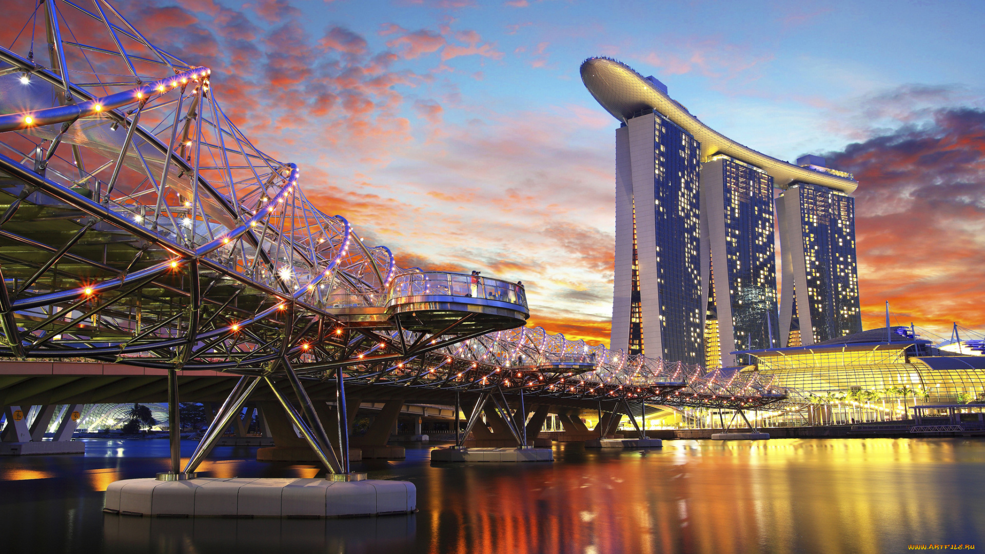 singapore, города, сингапур, , сингапур, набережная, вода, небоскребы, отражение, вечер, зарево, marina, bay, sands