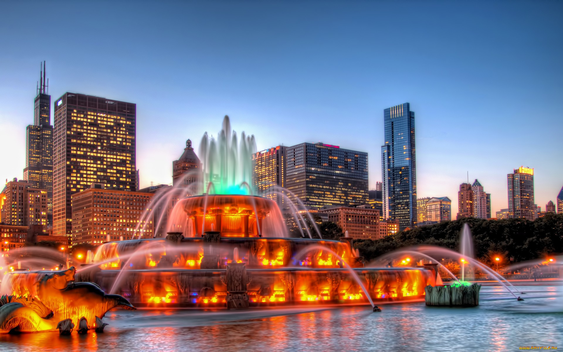 chicago, города, Чикаго, , сша, панорамма, фонтан, огни, ночь, сhicago, usa
