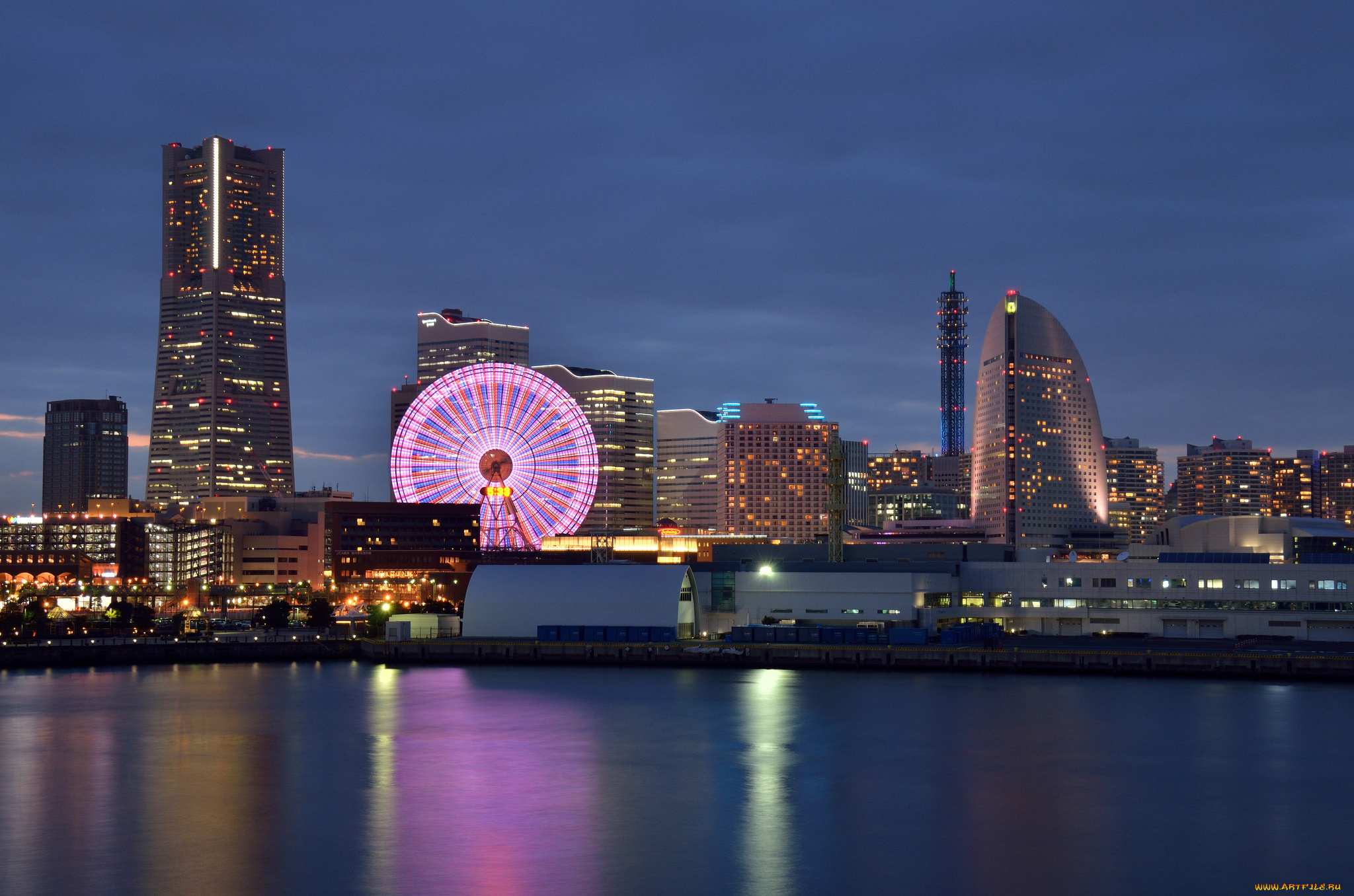 yokohama, , japan, города, йокогама, , Япония, йокогама, мегаполис, здания, дома, колесо, обозрения, ночь, синее, небо, закат, огни, освещение, подсветка, залив, отражение