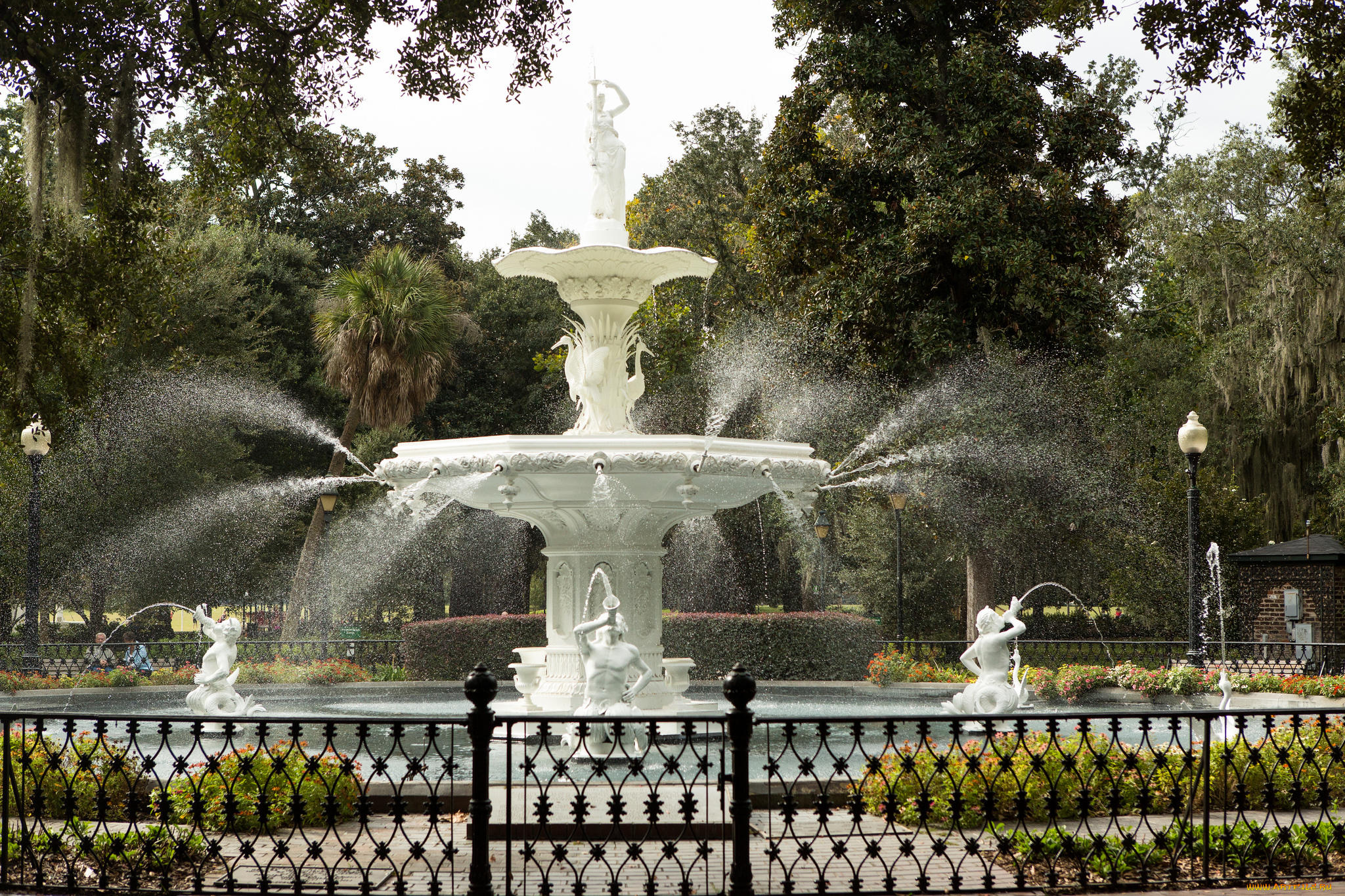 forsyth, park, fountain, -, savannah, , georgia, города, -, фонтаны, фонтан, забор