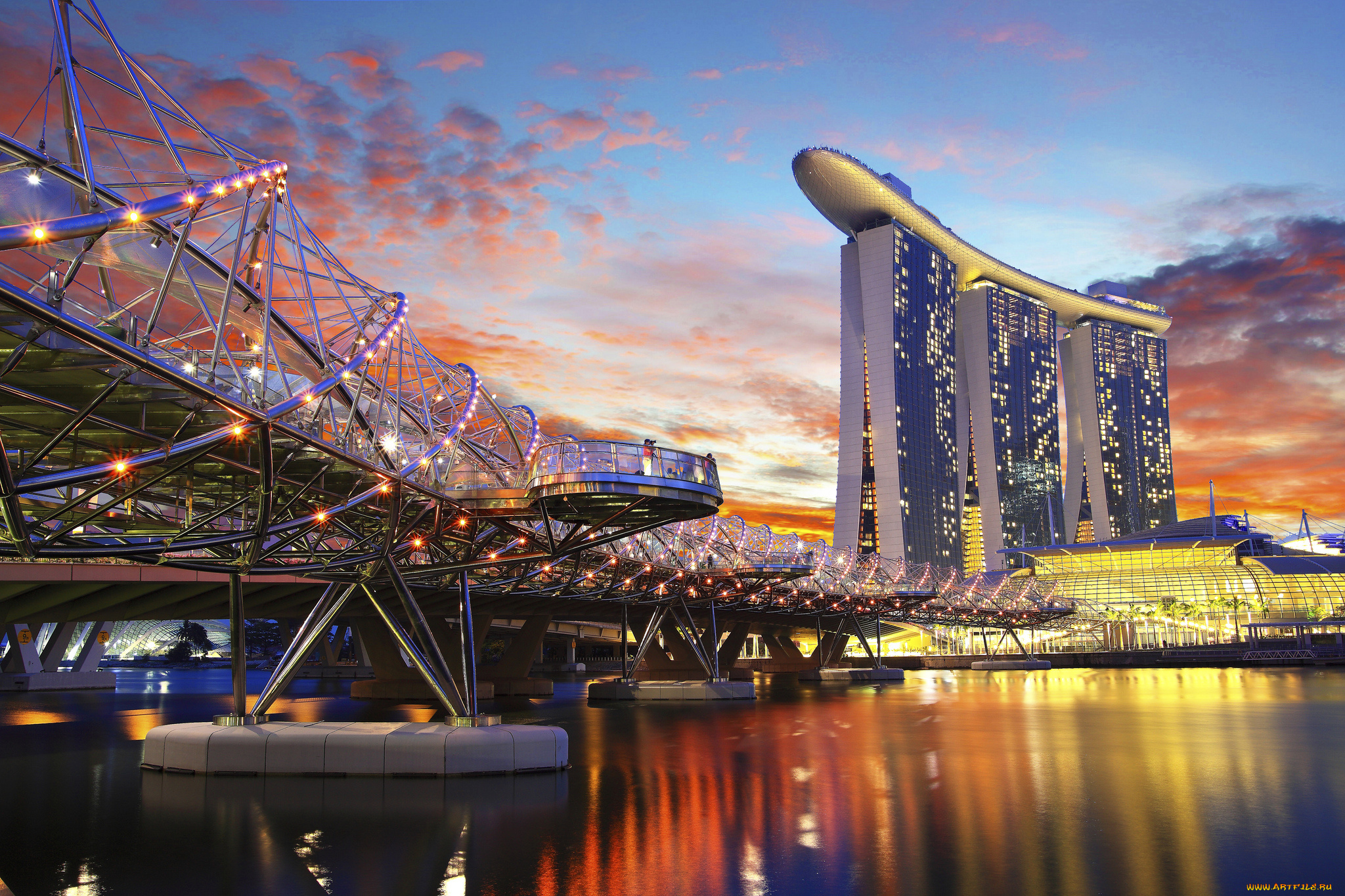 singapore, города, сингапур, , сингапур, набережная, вода, небоскребы, отражение, вечер, зарево, marina, bay, sands