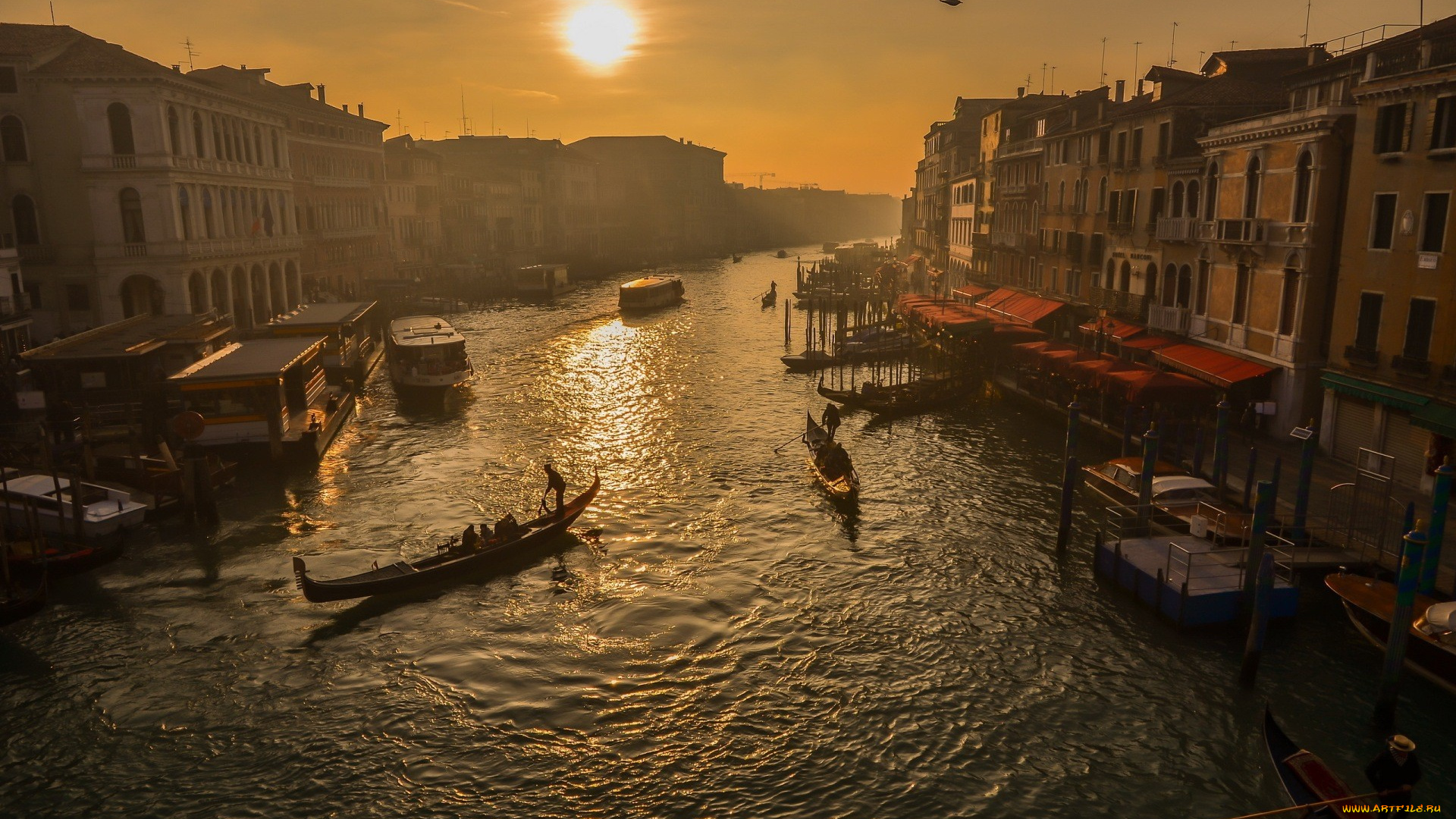 города, венеция, , италия, канал, лодки, гондолы, дома, здания, причалы, солнце