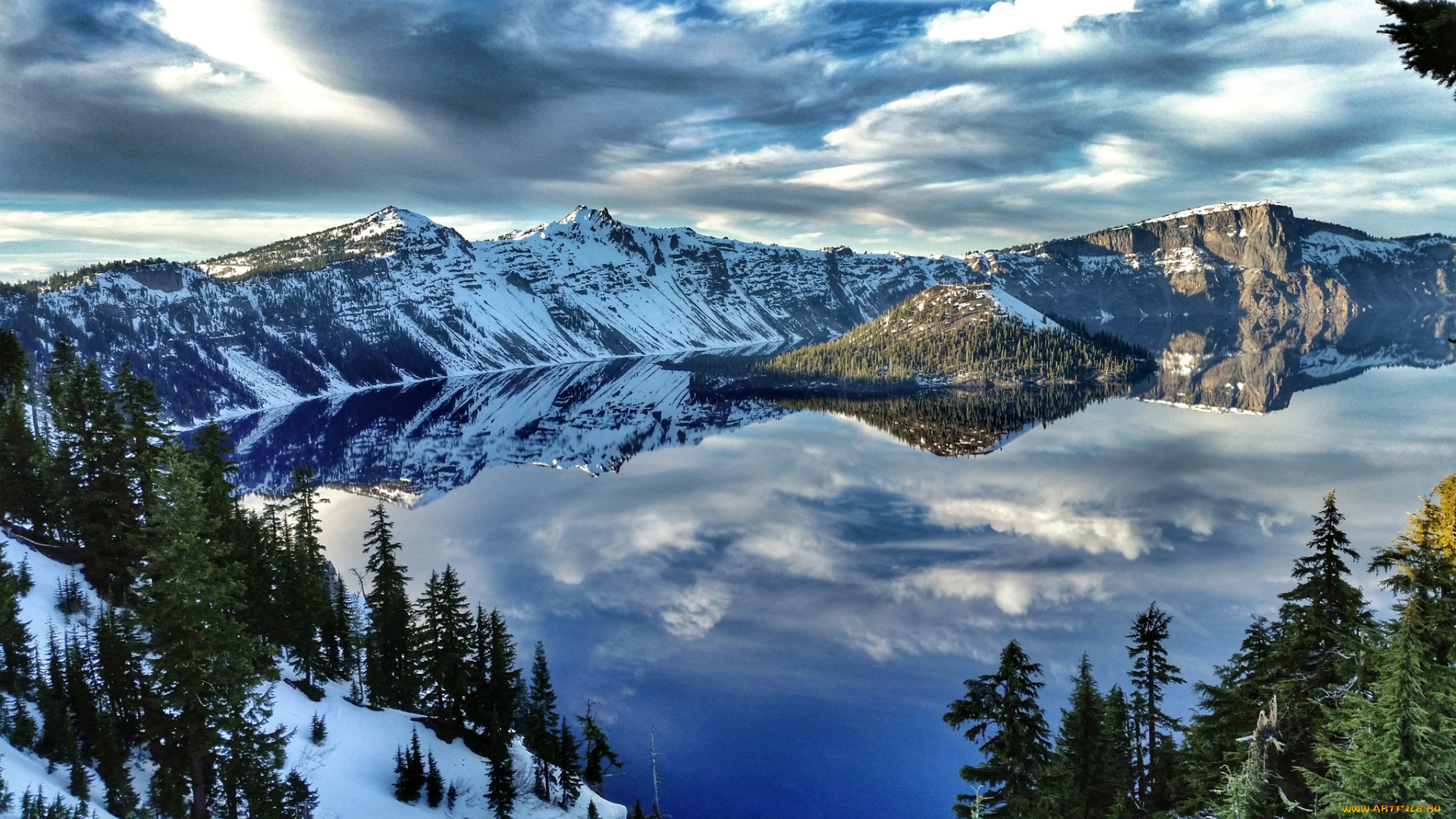 природа, реки, озера, отражение, горы, снег, зима, деревья, озеро, crater, lake, national, park, вода, сша