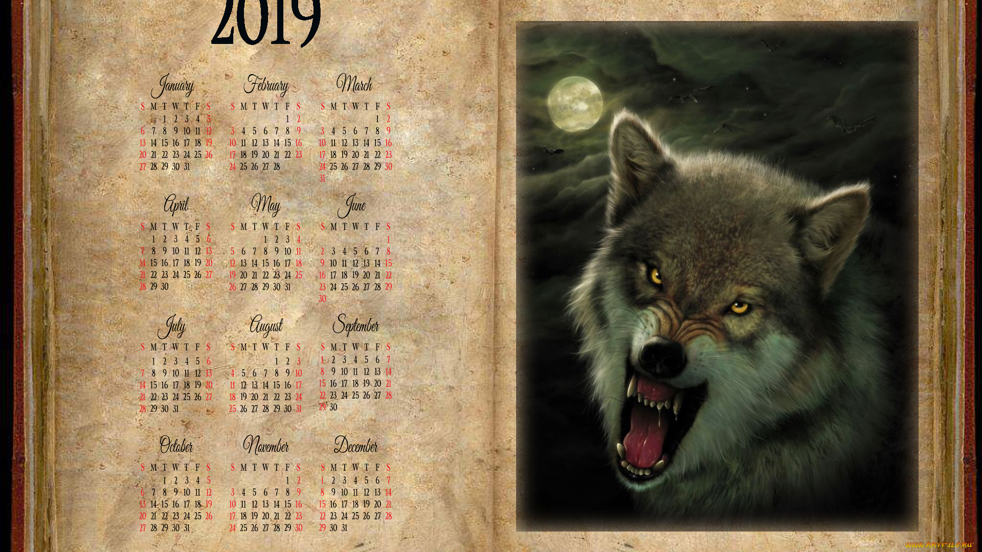 календари, фэнтези, волк, луна, оскал