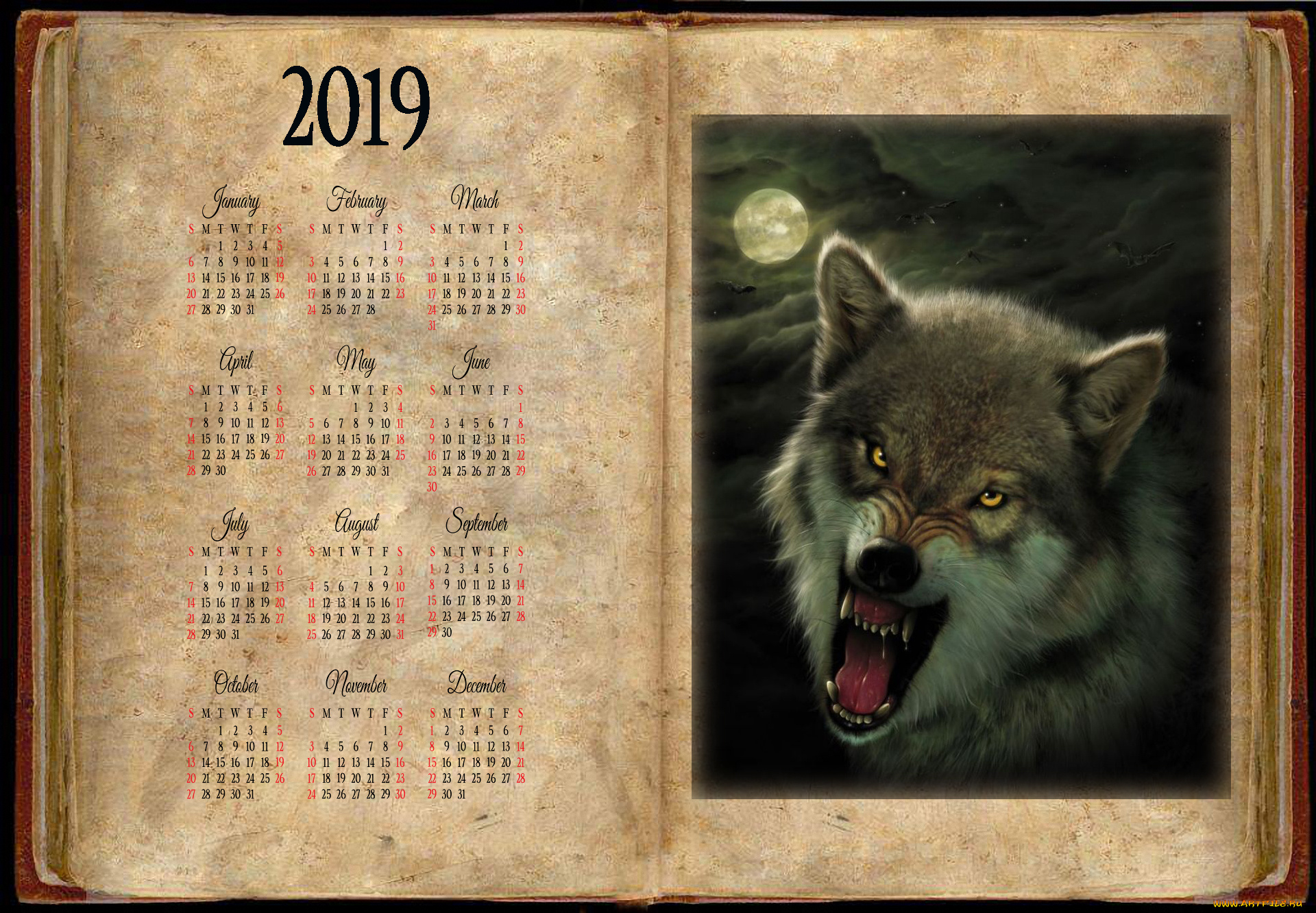 календари, фэнтези, волк, луна, оскал