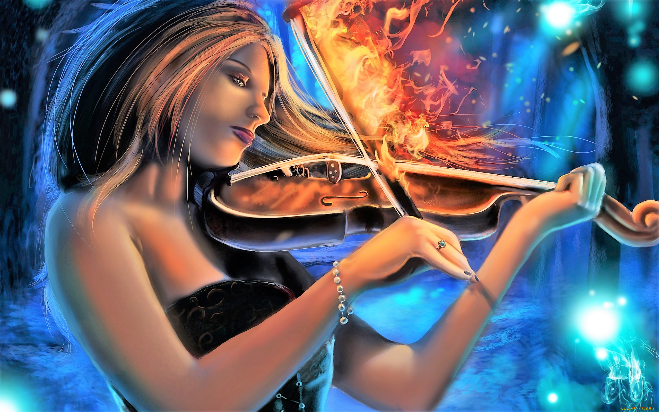 фэнтези, девушки, девушка, музыка, скрипка, огонь