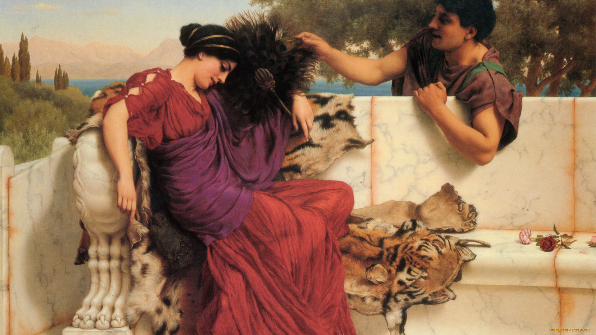 рисованное, john, william, godward, женщина, мужчина, веер, шкура, скамья