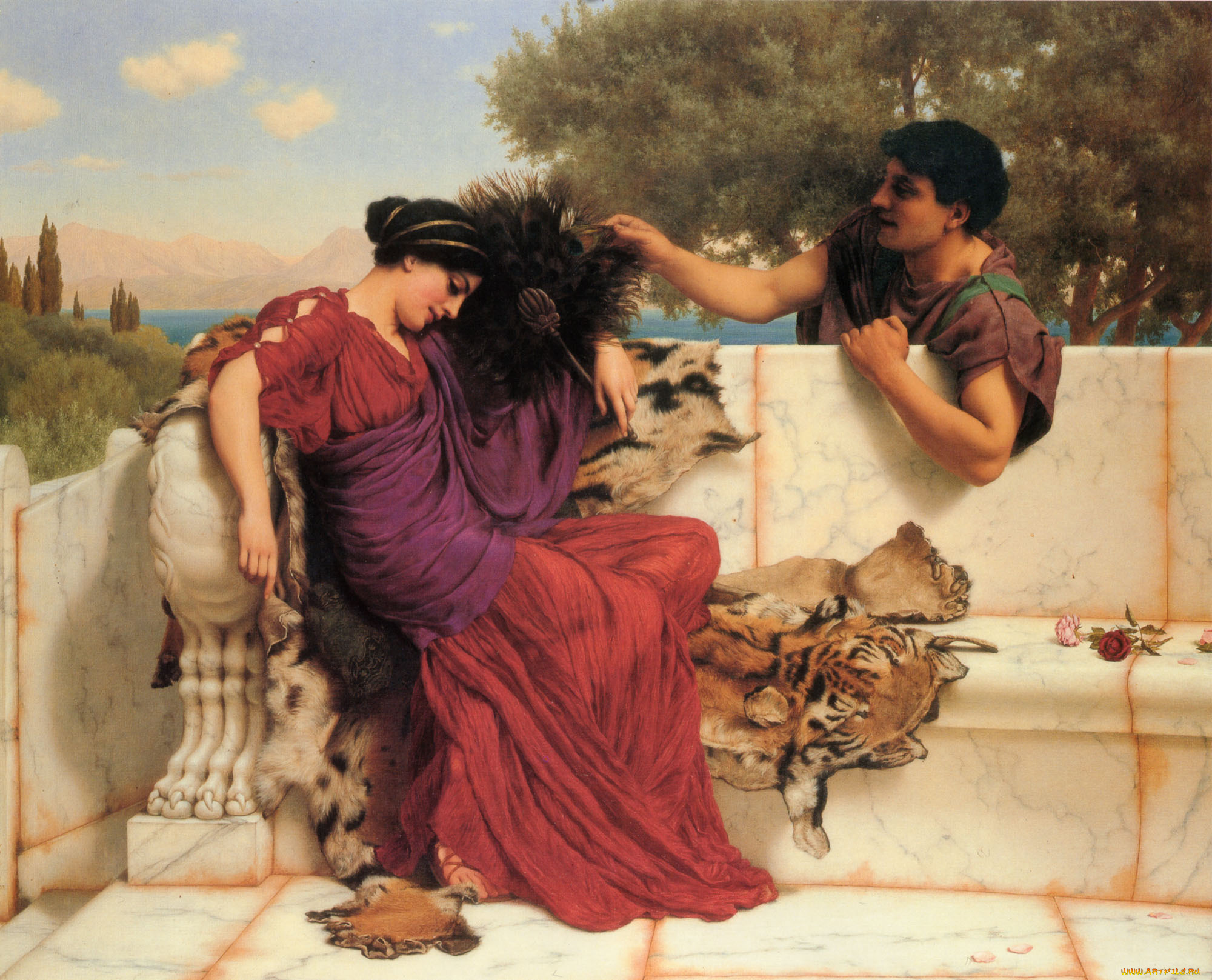 рисованное, john, william, godward, женщина, мужчина, веер, шкура, скамья