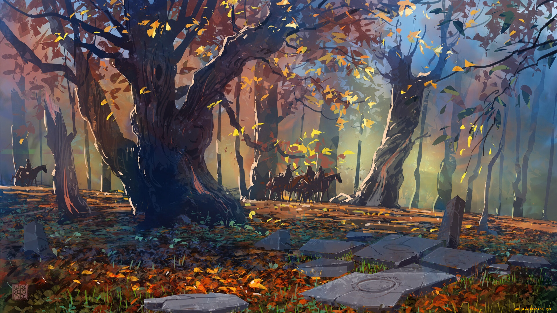 рисованное, люди, всадники, отряд, деревья, осень, плиты