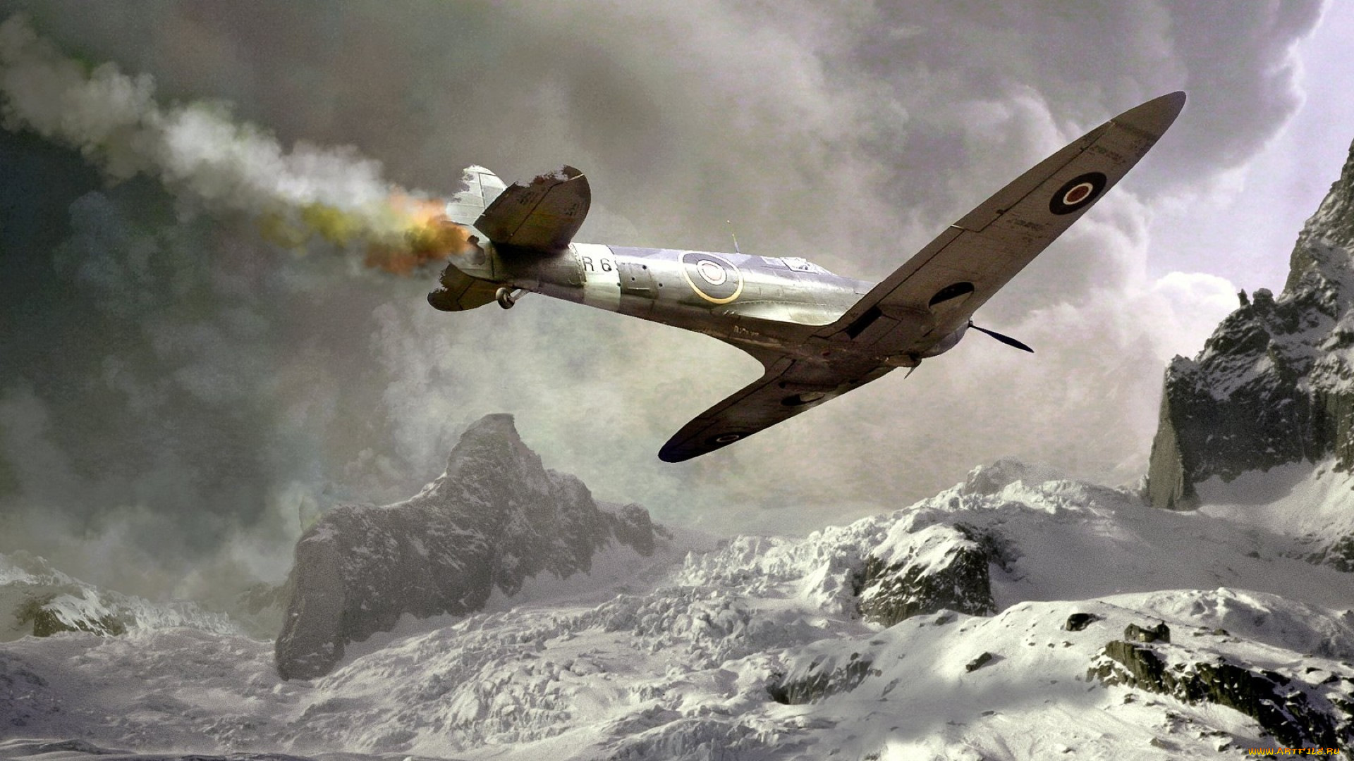 авиация, 3д, рисованые, v-graphic, самолет, дым, падение, горы, снег