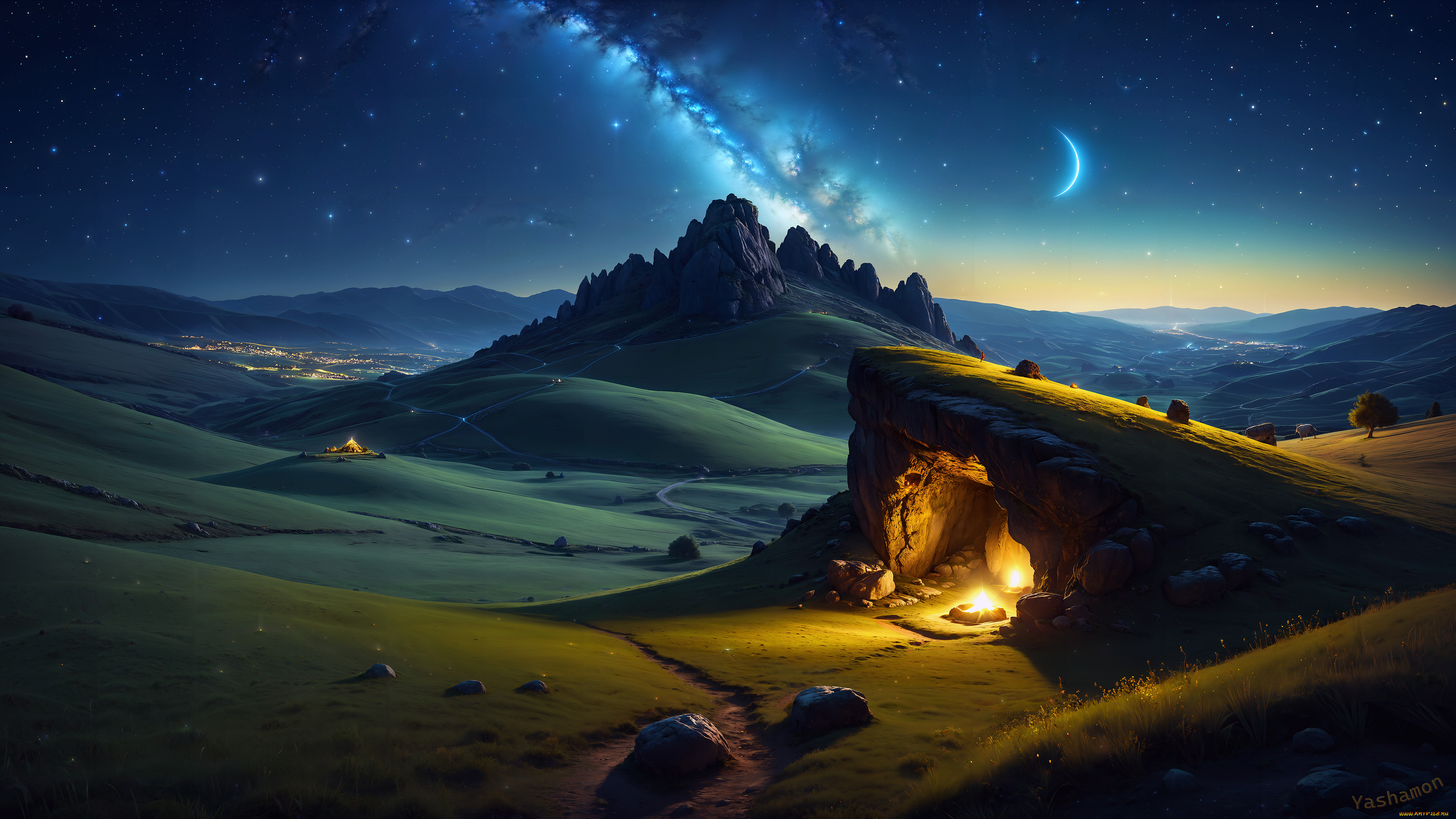 рисованное, природа, cave, night, landscape, starry, sky, nature