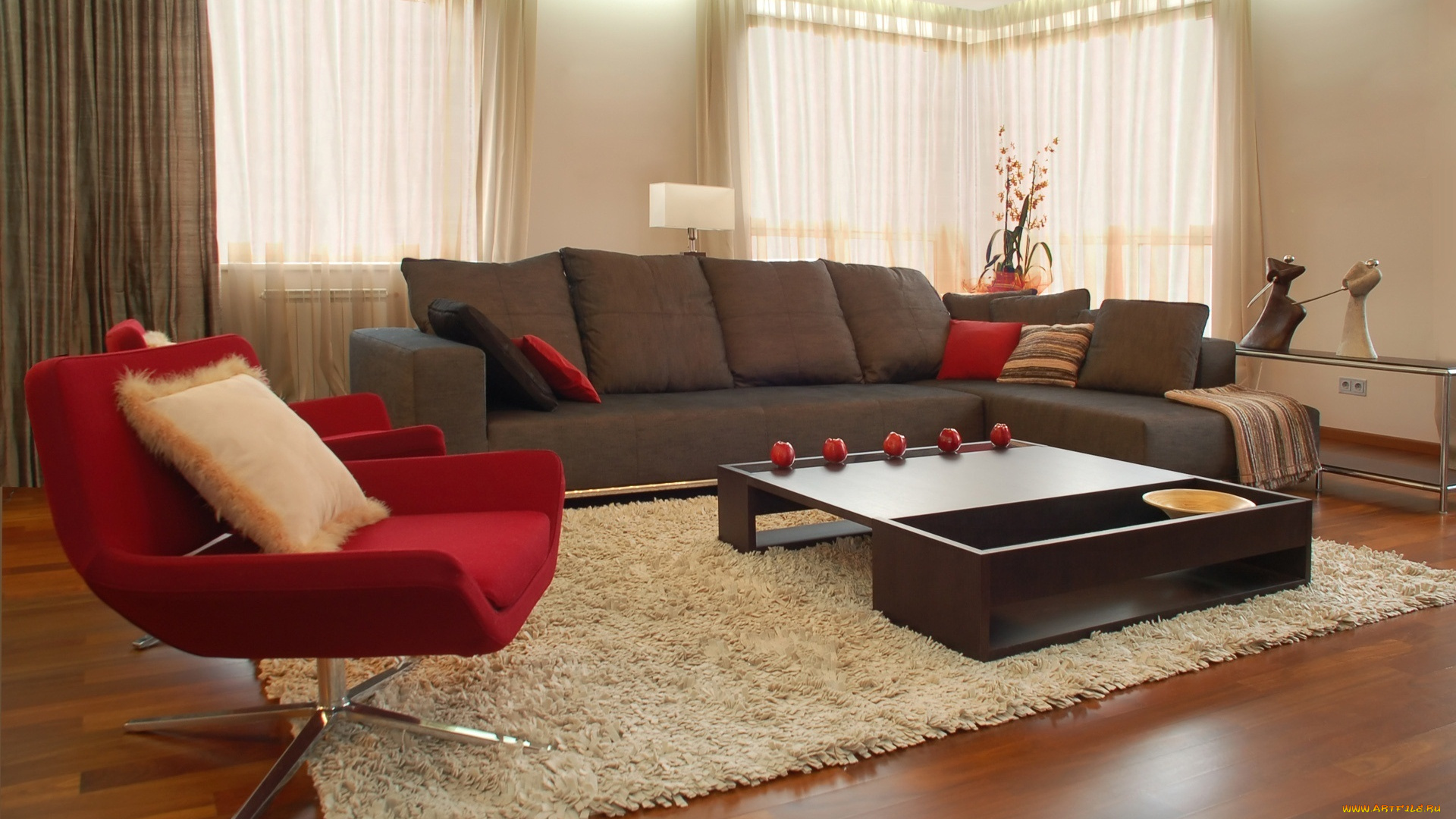 интерьер, гостиная, столик, яблоки, комната, мебель, красное, кресло, коричневый, диван, ковер