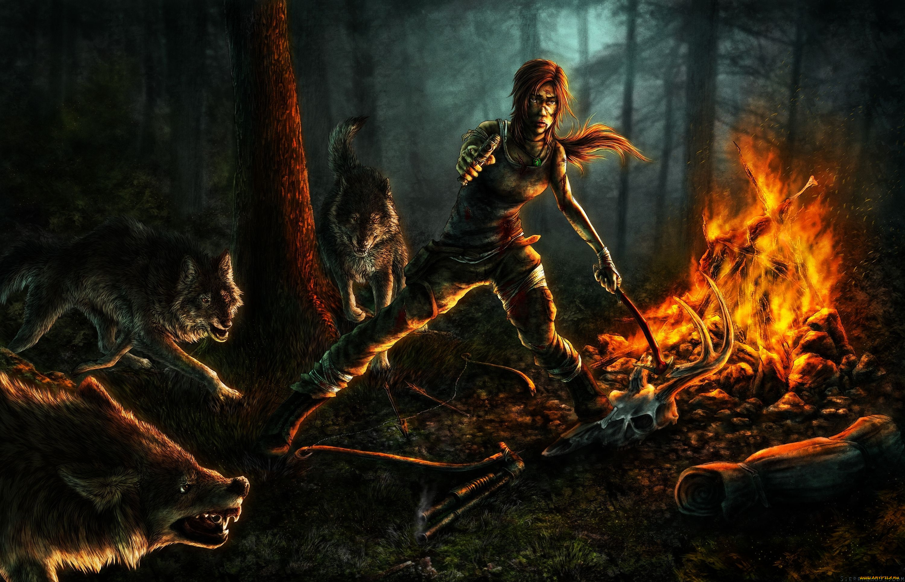 видео, игры, tomb, raider, 2013, ночь, костёр, лес, lara, croft, волки, арт
