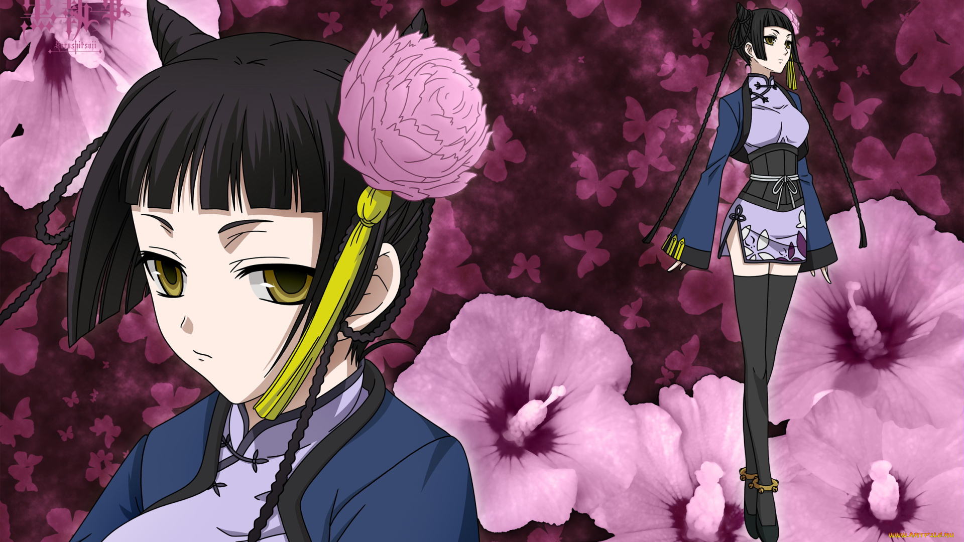 аниме, kuroshitsuji, мальвы, девушка, тёмный, дворецкий, шатенка, взгляд, розовые, цветы
