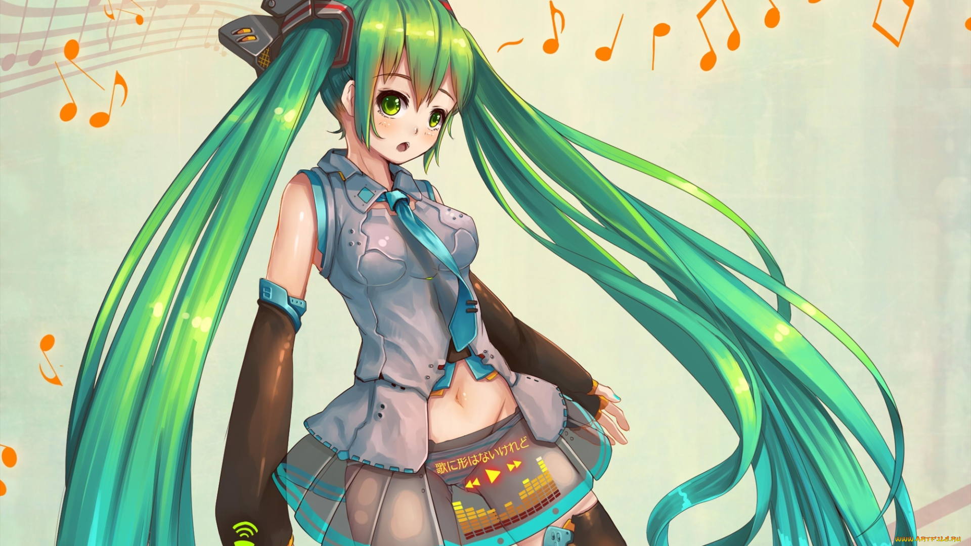 vocaloid, аниме, ноты, полет, удивление, взгляд, hatsune, miku, девушка, fangxiang, cuoluan, art, вокалоид