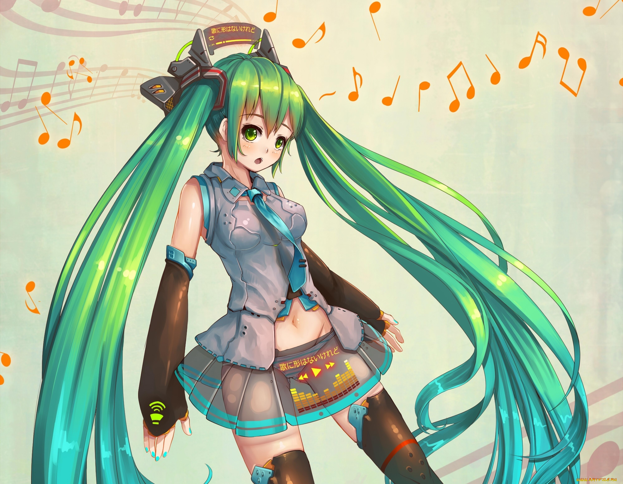 vocaloid, аниме, ноты, полет, удивление, взгляд, hatsune, miku, девушка, fangxiang, cuoluan, art, вокалоид