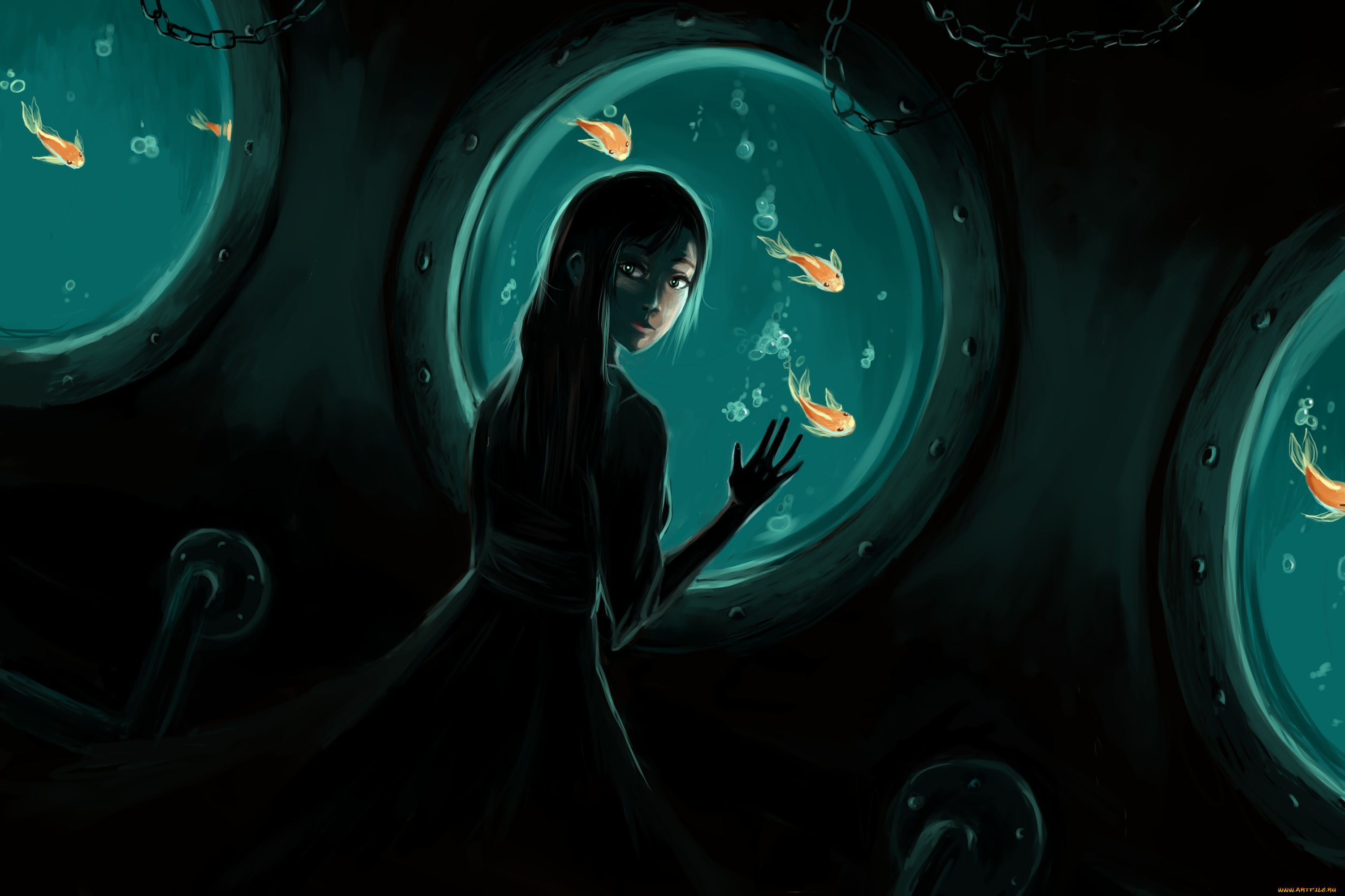 аниме, *unknown, , другое, темно, рыбки, рыбы, море, иллюминаторы, под, водой, девушка
