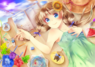 Картинка аниме *unknown+ другое тетрадь девушка шляпа арбуз вода рыбка цветы подсолнух аним