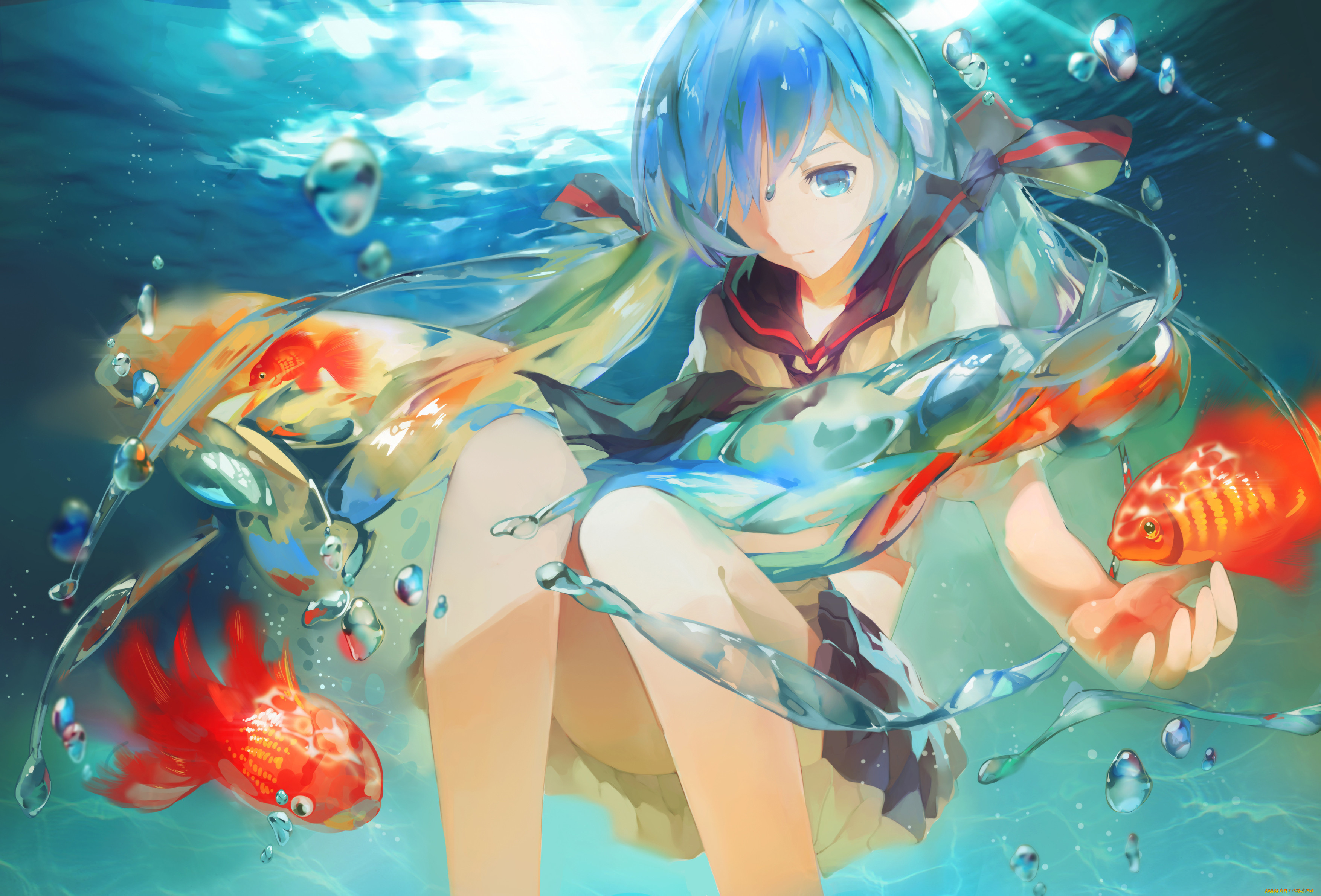 аниме, vocaloid, вокалоид, школьница, рыбки, вода, девушка, bottle, miku