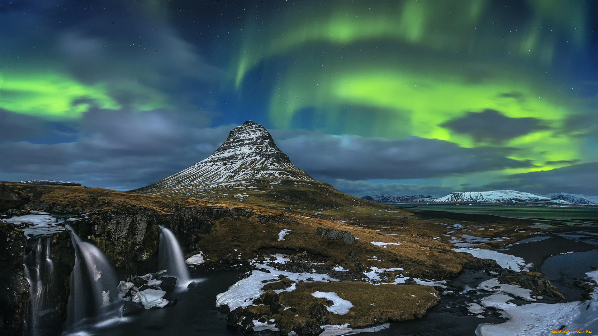 природа, северное, сияние, ночь, снег, водопад, скалы, вулкан, гора, kirkjufell, исландия