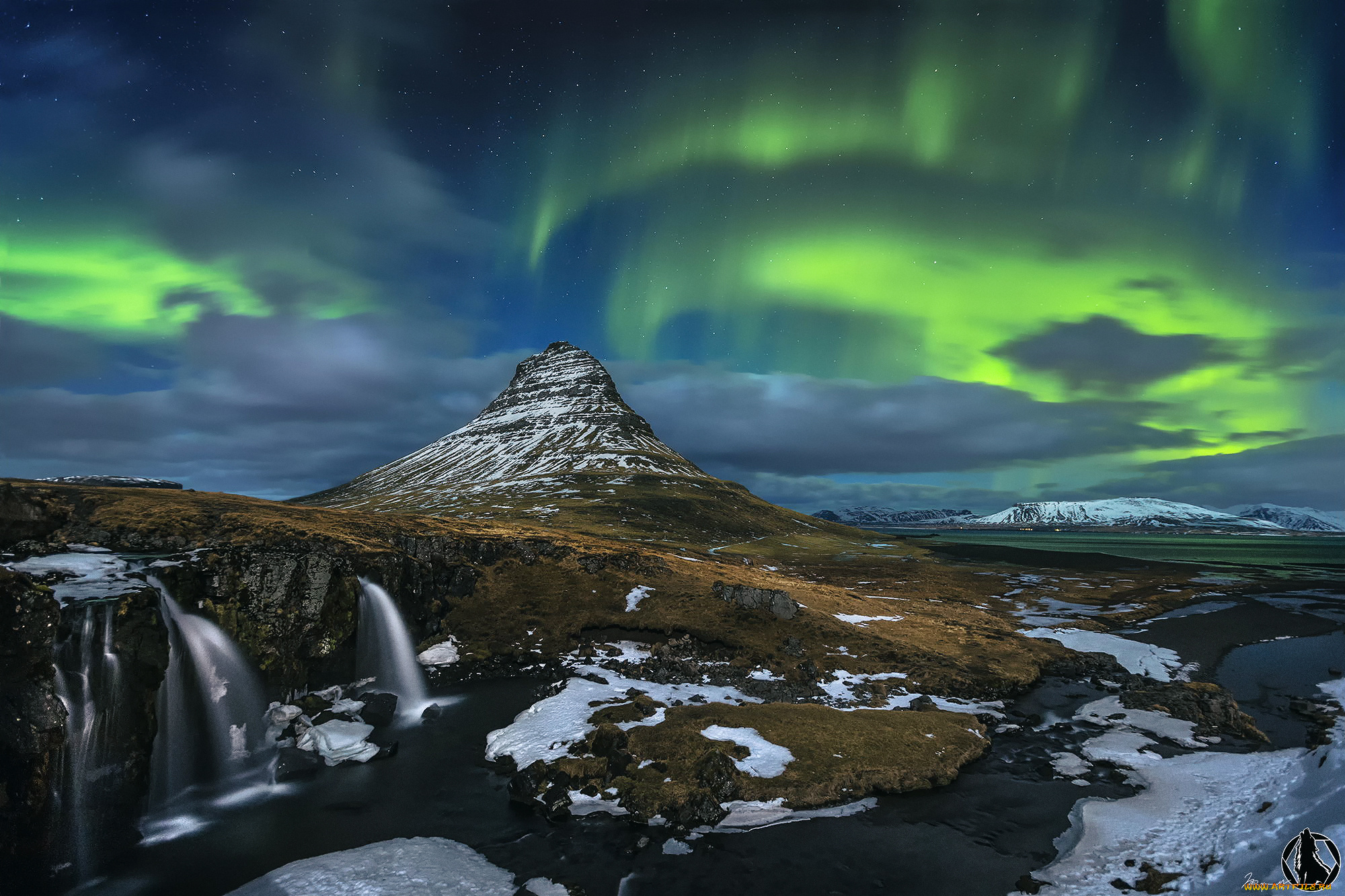 природа, северное, сияние, ночь, снег, водопад, скалы, вулкан, гора, kirkjufell, исландия