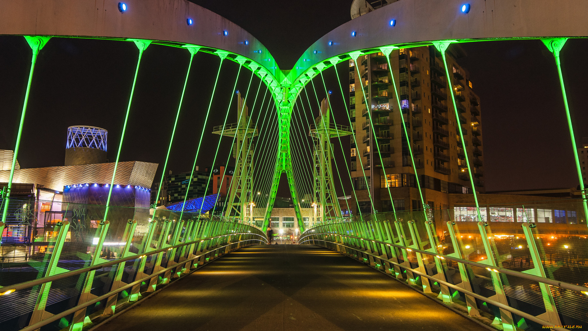 salford, quays, , manchester, uk, города, -, мосты, огни, ночь, мост