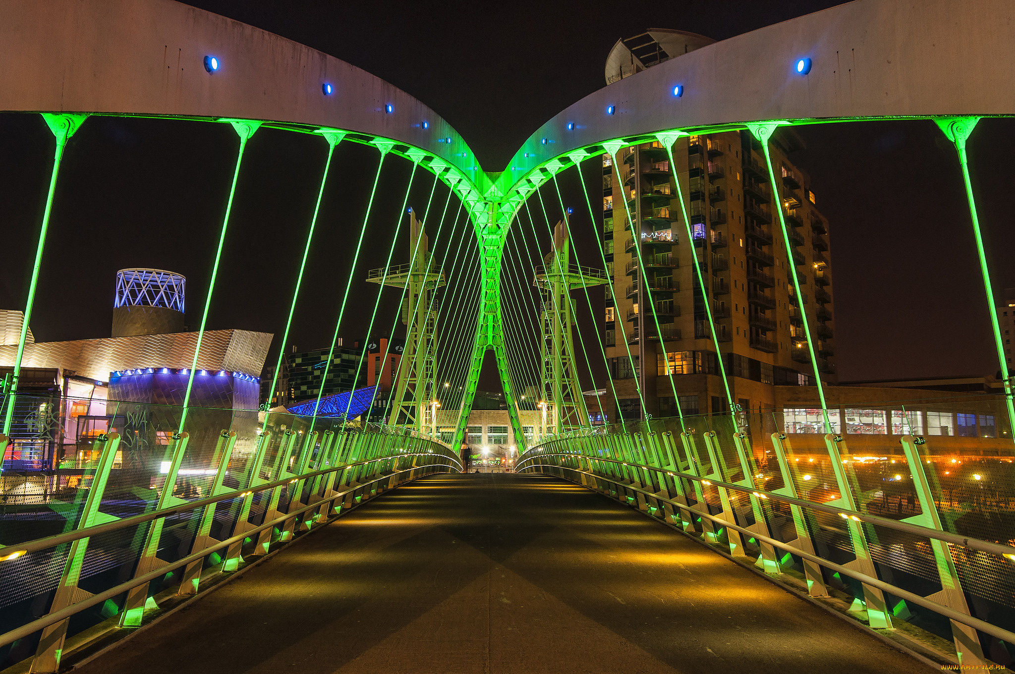 salford, quays, , manchester, uk, города, -, мосты, огни, ночь, мост