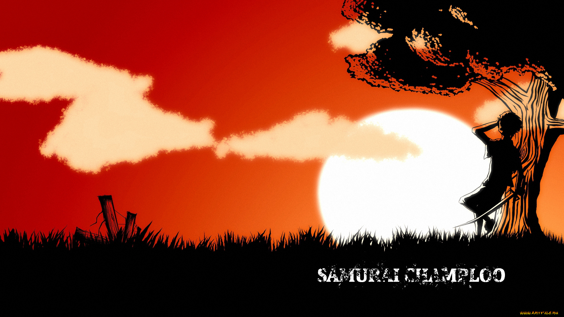 аниме, samurai, champloo, закат, облака, меч, мужчин, дерево, трава, mugen, самурай, samurai