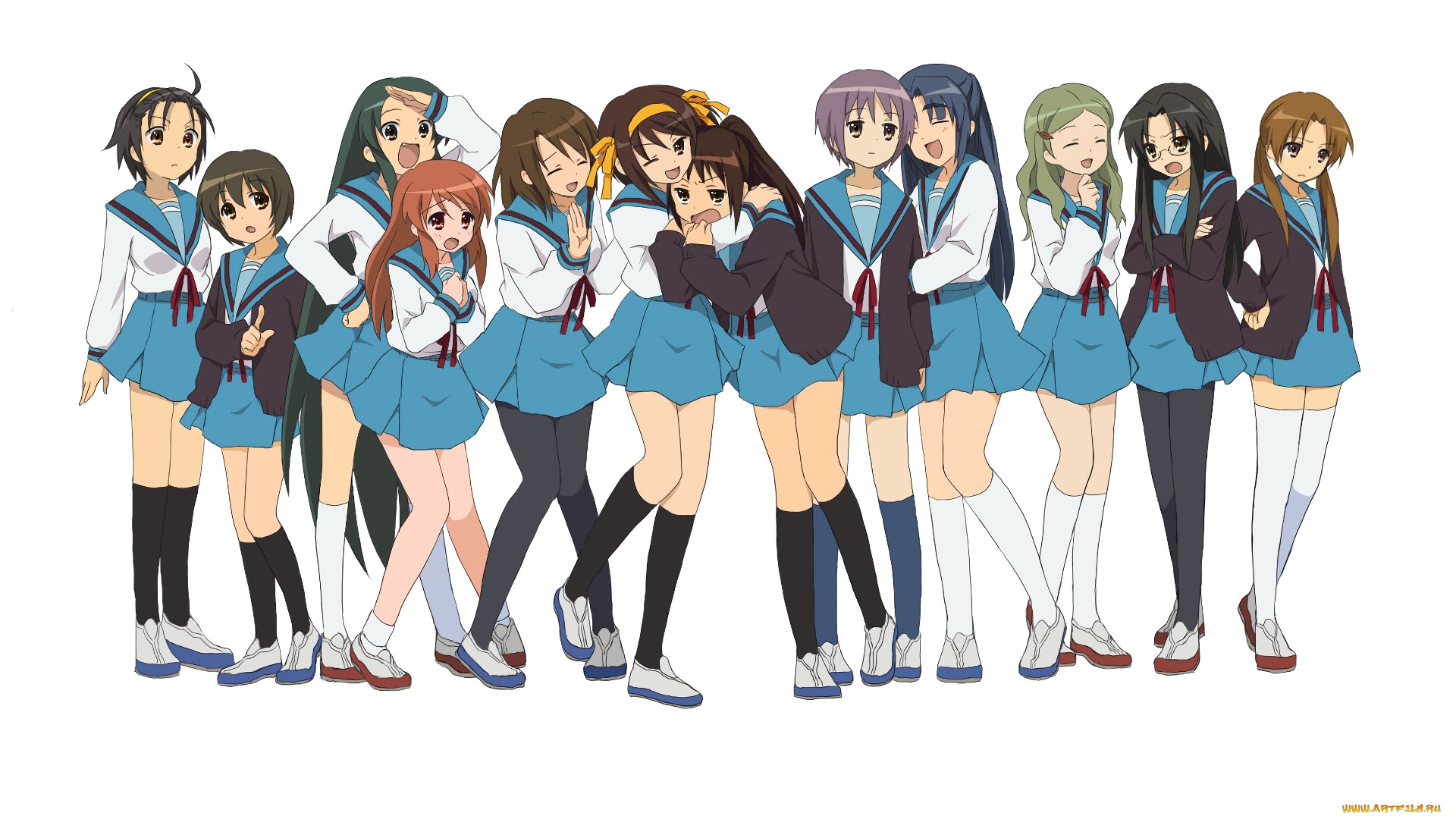 аниме, the, melancholy, of, haruhi, suzumiya, девушки, взгляд, фон